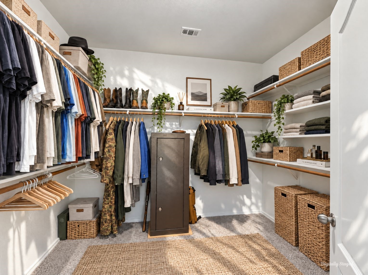 Roomy walk-in closet with white shelving and wood hanging rods along multiple walls. Plush carpet and plenty of hanging and shelf space make organizing simple.
This photo has been digitally staged to illustrate the possibilities of the homes aesthetic and potential design. Some furnishings and dcor shown are for visual inspiration.