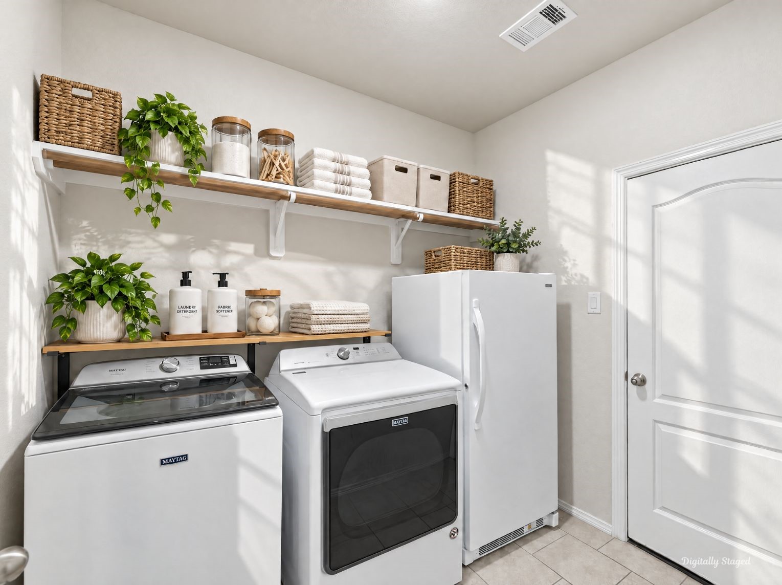 Functional laundry room with tile flooring and a wall-mounted shelf for convenient storage. A full-size door and bright walls keep the space clean and practical.
This photo has been digitally staged to illustrate the possibilities of the homes aesthetic and potential design. Some furnishings and dcor shown are for visual inspiration.