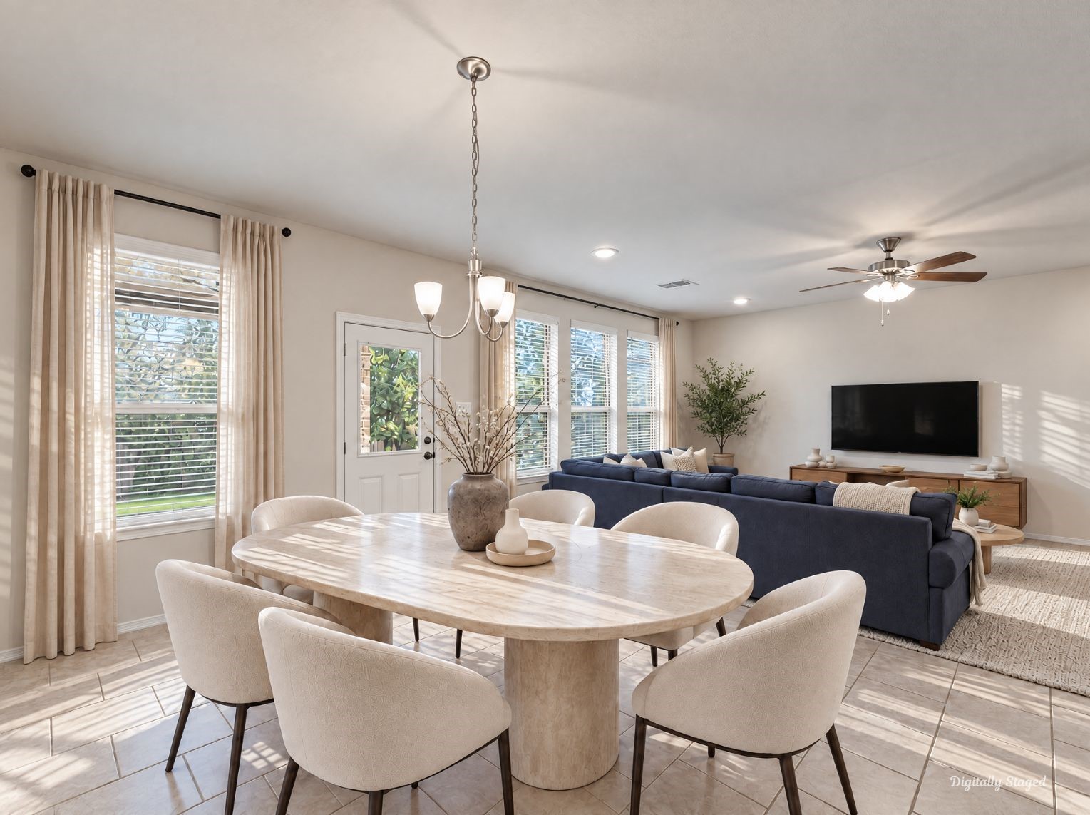 Dining space that opens to the living room for an easy, connected flow. A chandelier, ceiling fan, and large windows keep the area bright and welcoming.
This photo has been digitally staged to illustrate the possibilities of the homes aesthetic and potential design. Some furnishings and dcor shown are for visual inspiration.