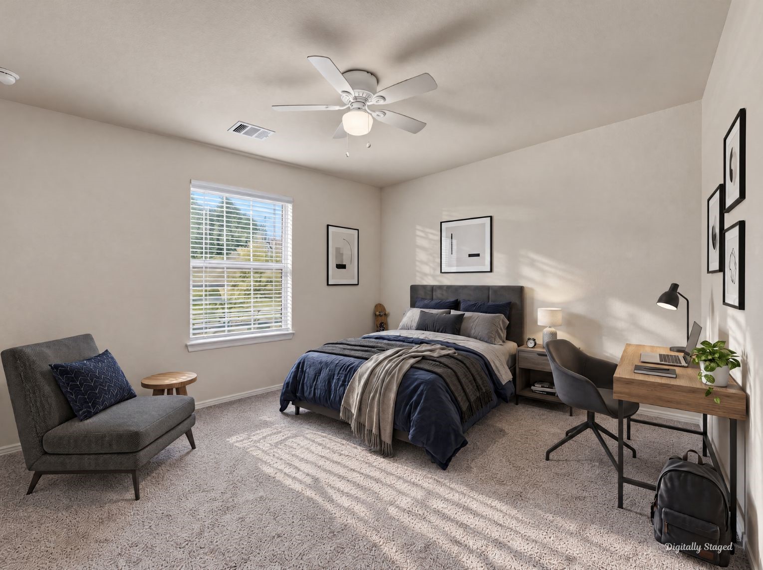 Well-proportioned bedroom with plush carpet, a ceiling fan, and a sunny window. The generous layout leaves room for a variety of furniture arrangements.
This photo has been digitally staged to illustrate the possibilities of the homes aesthetic and potential design. Some furnishings and dcor shown are for visual inspiration.