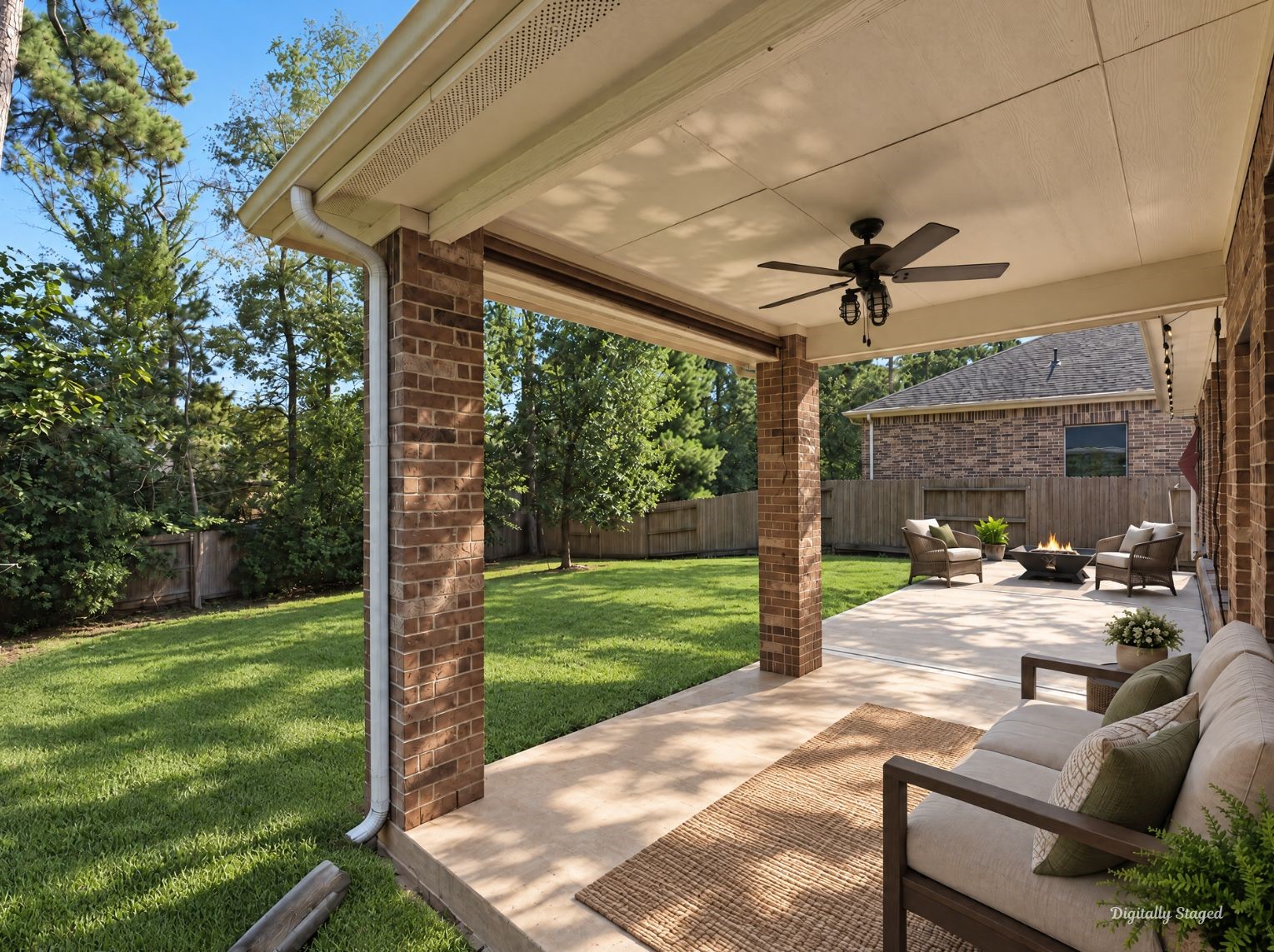 Covered patio with sturdy brick columns and a ceiling fan for comfortable outdoor days. The extended concrete patio flows right out to the grassy yard.
This photo has been digitally staged to illustrate the possibilities of the homes aesthetic and potential design. Some furnishings and dcor shown are for visual inspiration.