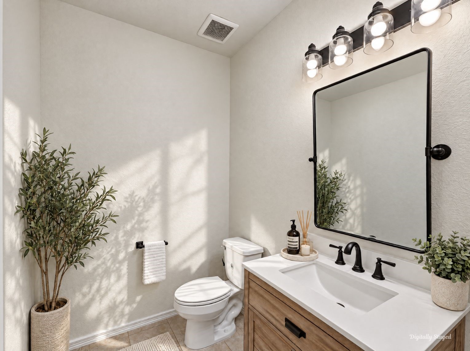 Stylish half bath with a wood-look vanity, white countertop, and matte black faucet. A framed black mirror and glass-shade vanity light add a modern touch.
This photo has been digitally staged to illustrate the possibilities of the homes aesthetic and potential design. Some furnishings and dcor shown are for visual inspiration.