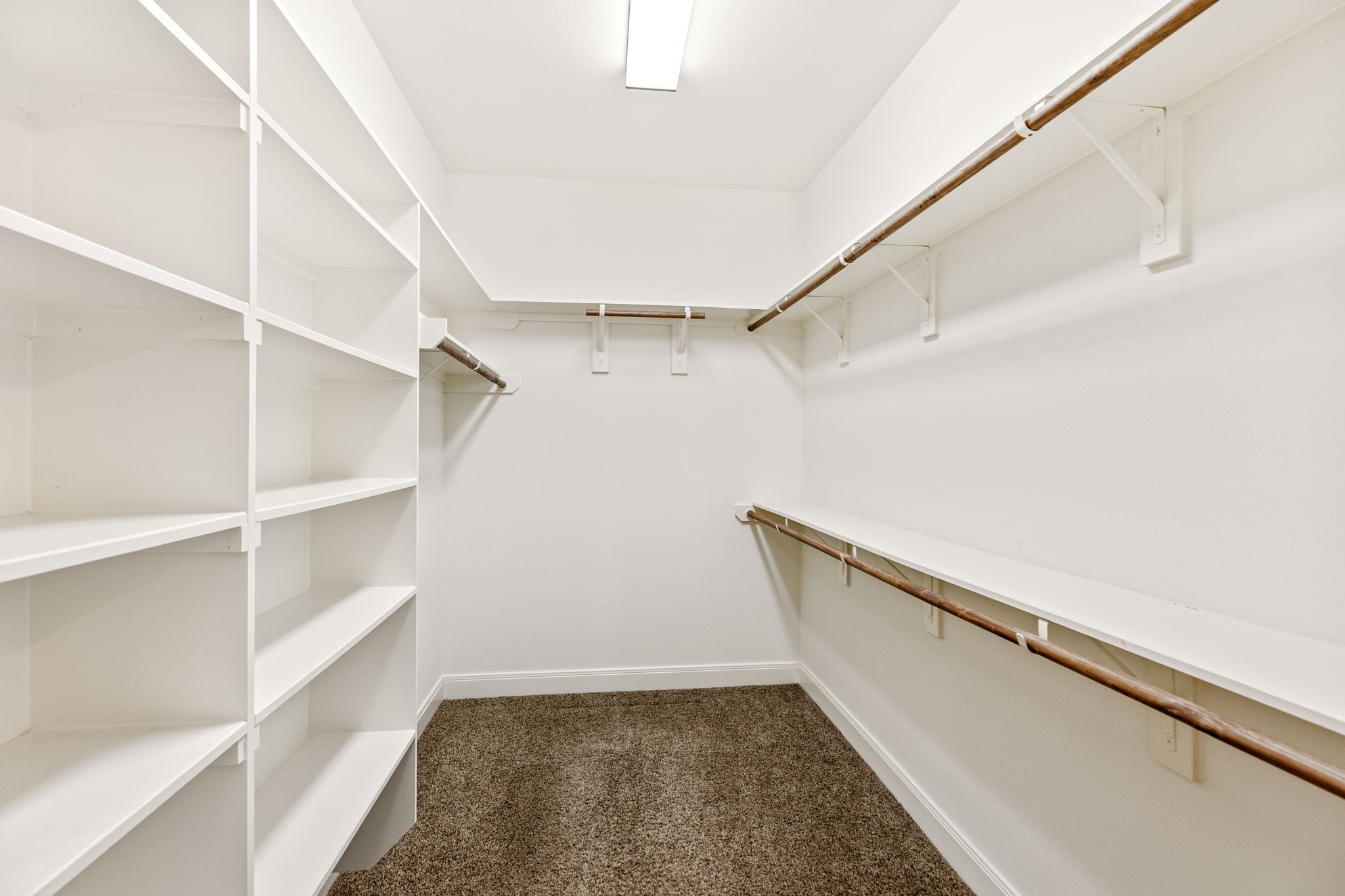 Spacious walk-in closet with ample shelving and hanging space, perfect for organizing your wardrobe.
