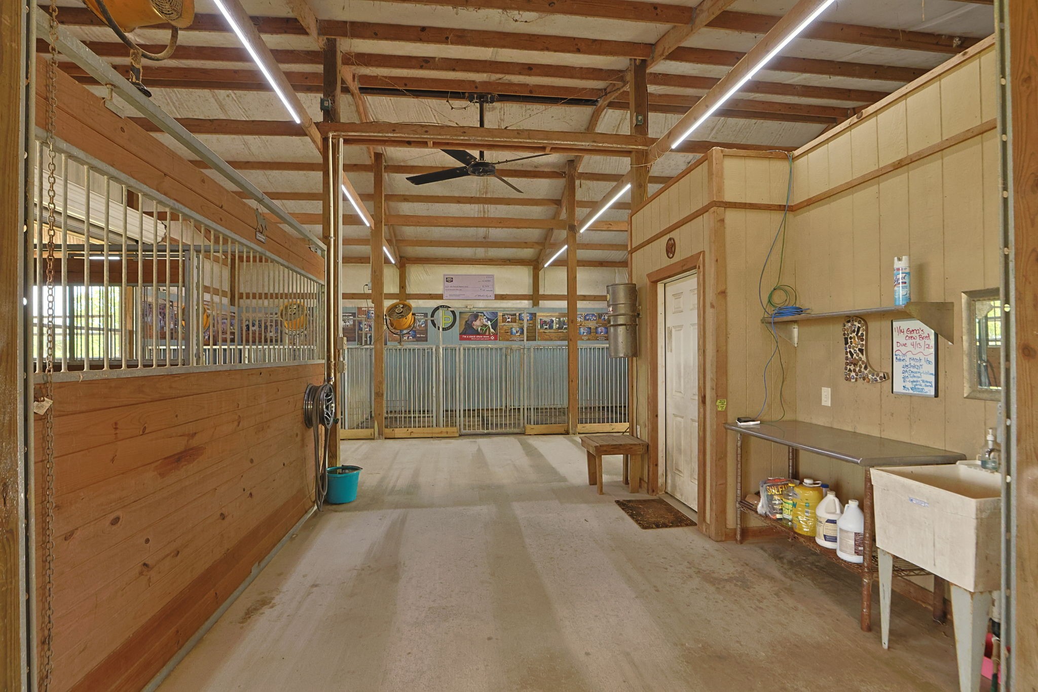 Spacious and well-lit barn interior features sturdy wooden stalls, a ceiling fan for ventilation, and a convenient wash area with ample storage.
