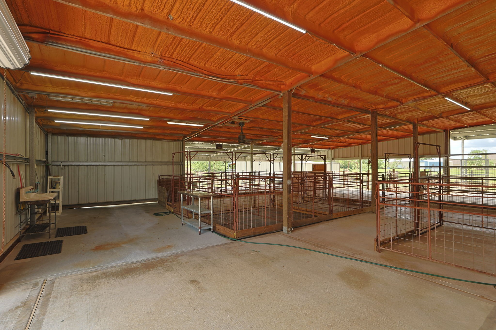 Spacious indoor livestock facility with sturdy metal pens, ample lighting, and a convenient utility sink, ideal for animal care and management.