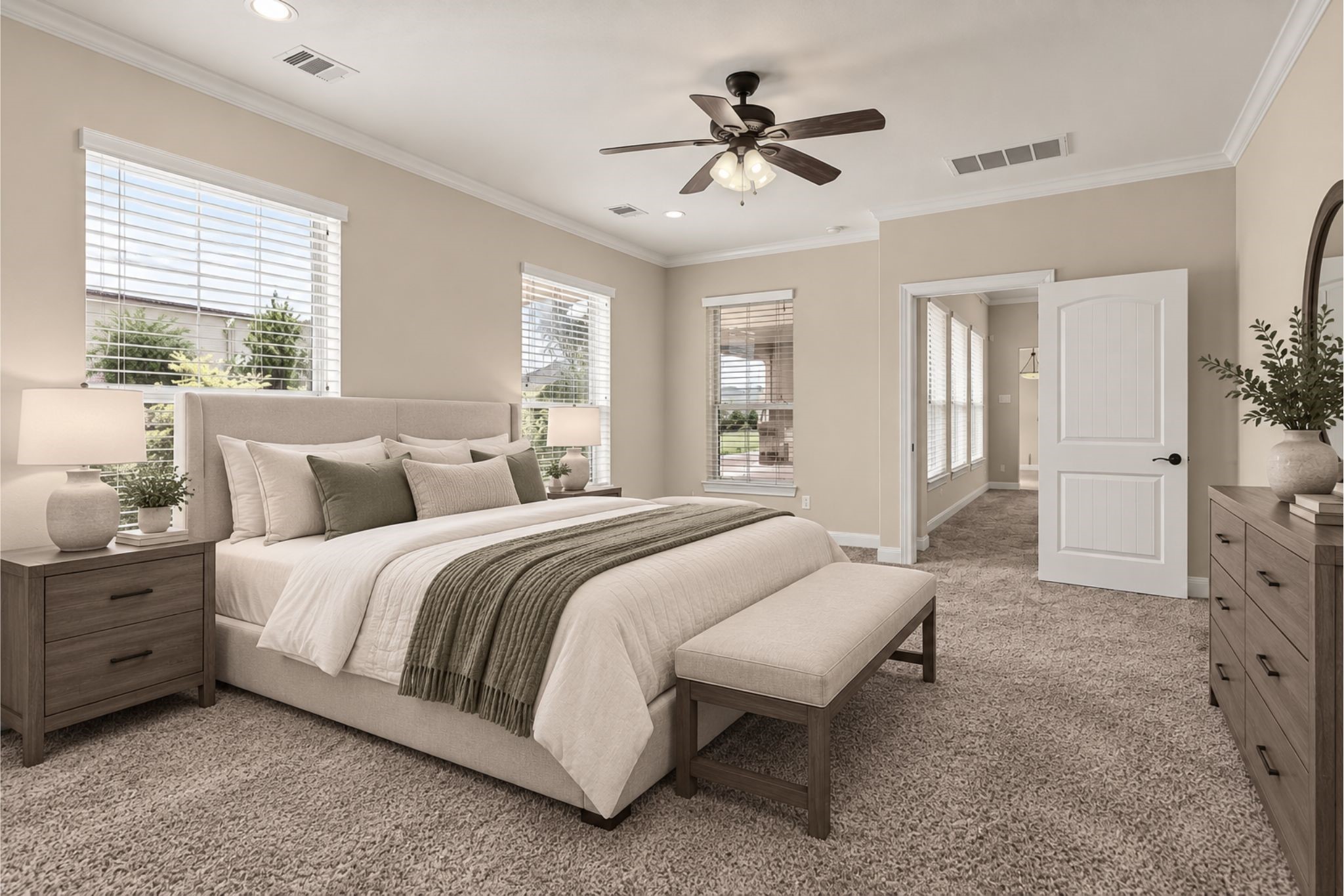 Spacious and inviting bedroom featuring a comfortable bed, plush carpeting, and abundant natural light from multiple windows, complemented by elegant furnishings and a ceiling fan for added comfort.