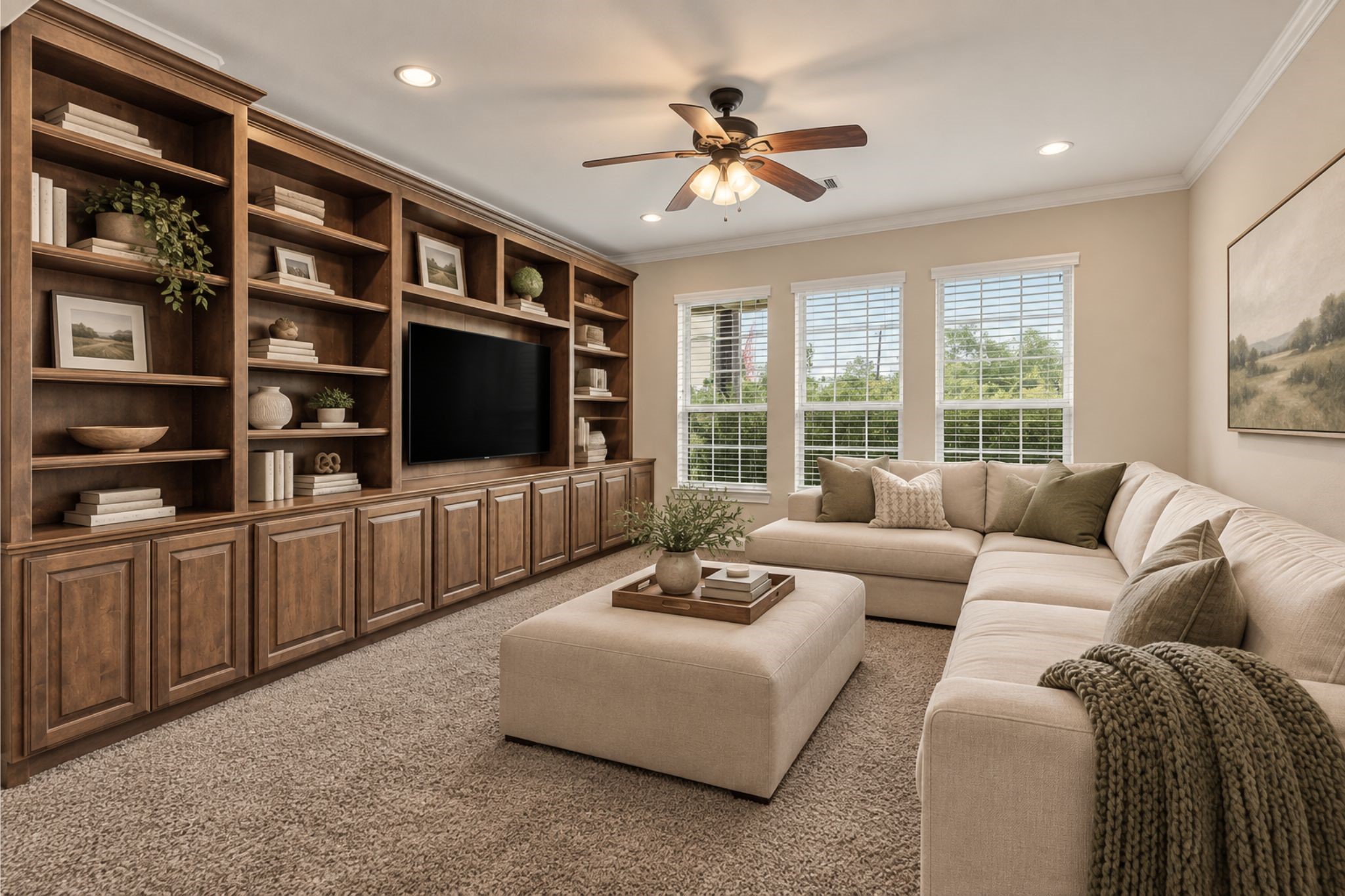 Spacious living room featuring a cozy sectional sofa, elegant built-in wooden shelves, and large windows providing ample natural light.