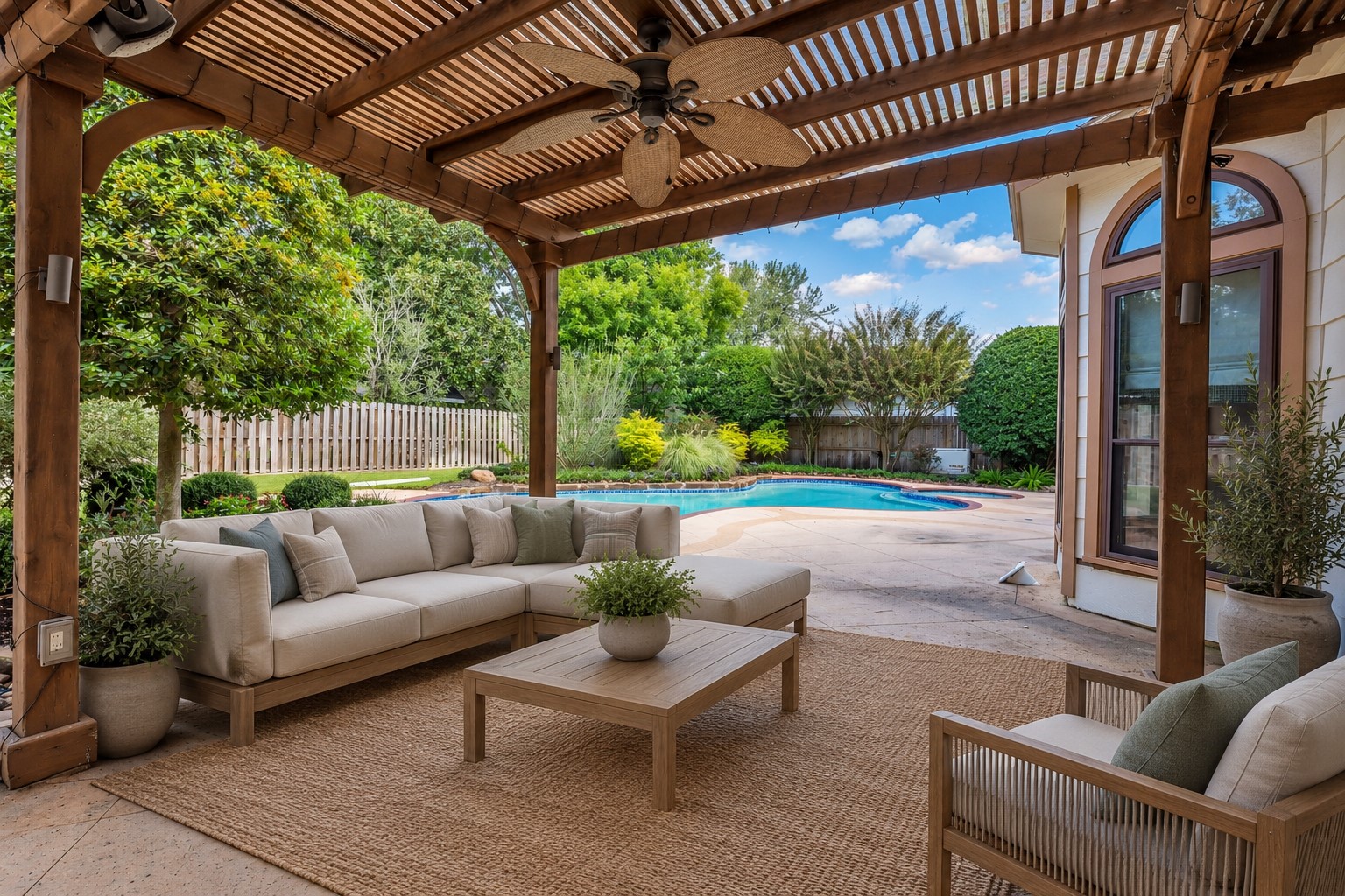 *VIRTUALLY STAGED* Wood pergola with ceiling fan and string lighting overlooking the pool.