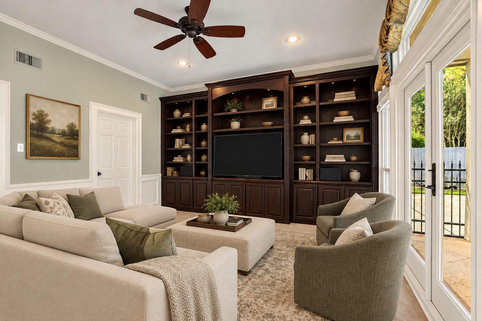 *VIRTUALLY STAGED* Separate den with entertainment center and access to the pool area.