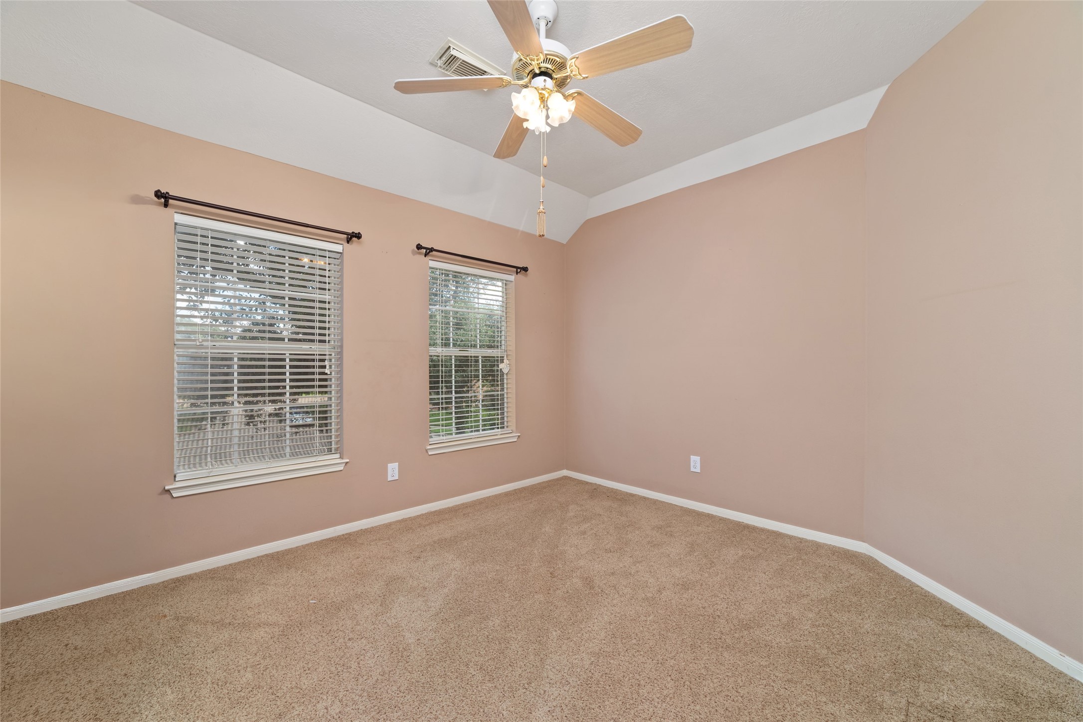 Additional upstairs bedroom with tray ceiling, carpet, ceiling fan, and two windows.