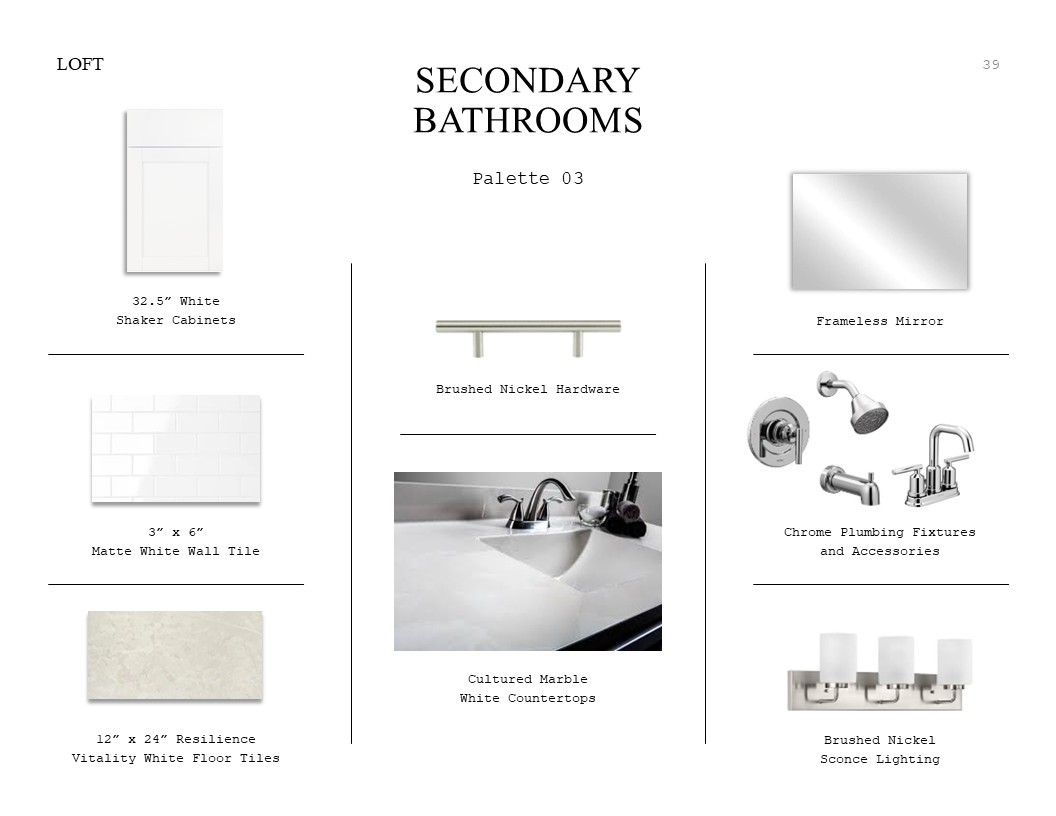 Loft Look Palette 3: Secondary Bathrooms Selection Sheet (*Artist rendering used for illustration purposes only.)