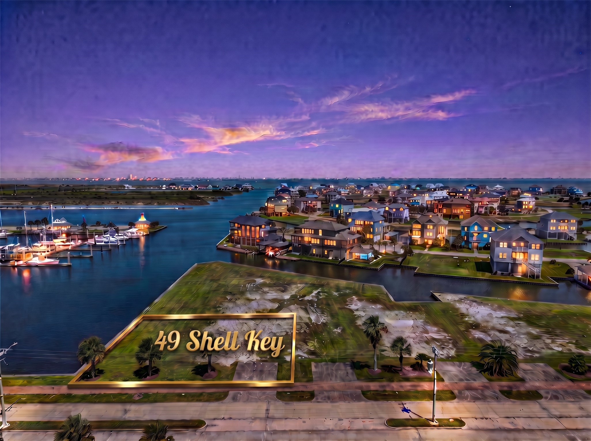 49 Shell Key is situated just 600 yards from the Intracoastal Waterway in the Harborwalk community.  It is the only corner lot with direct views of the main channel, wetlands, and marina, as well as evening views of Moody Gardens lights.