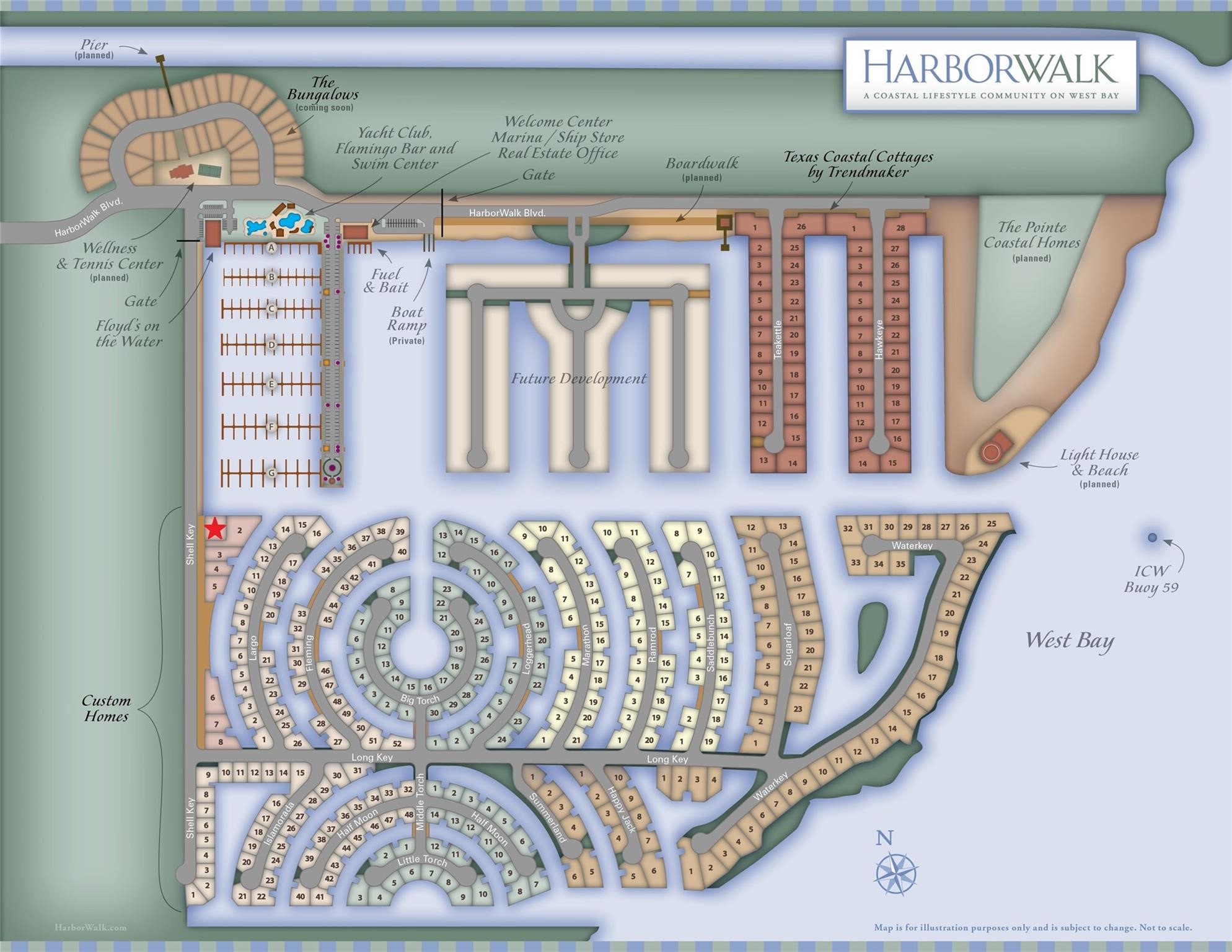 49 Shell Key is pictured on the left side of the Harborwalk Community map, noted with a red star. It holds a prime position directly across from the marina on a corner lot next to walking trails, wetlands, and views straight down the  sea channel to the intracoastal waterway.