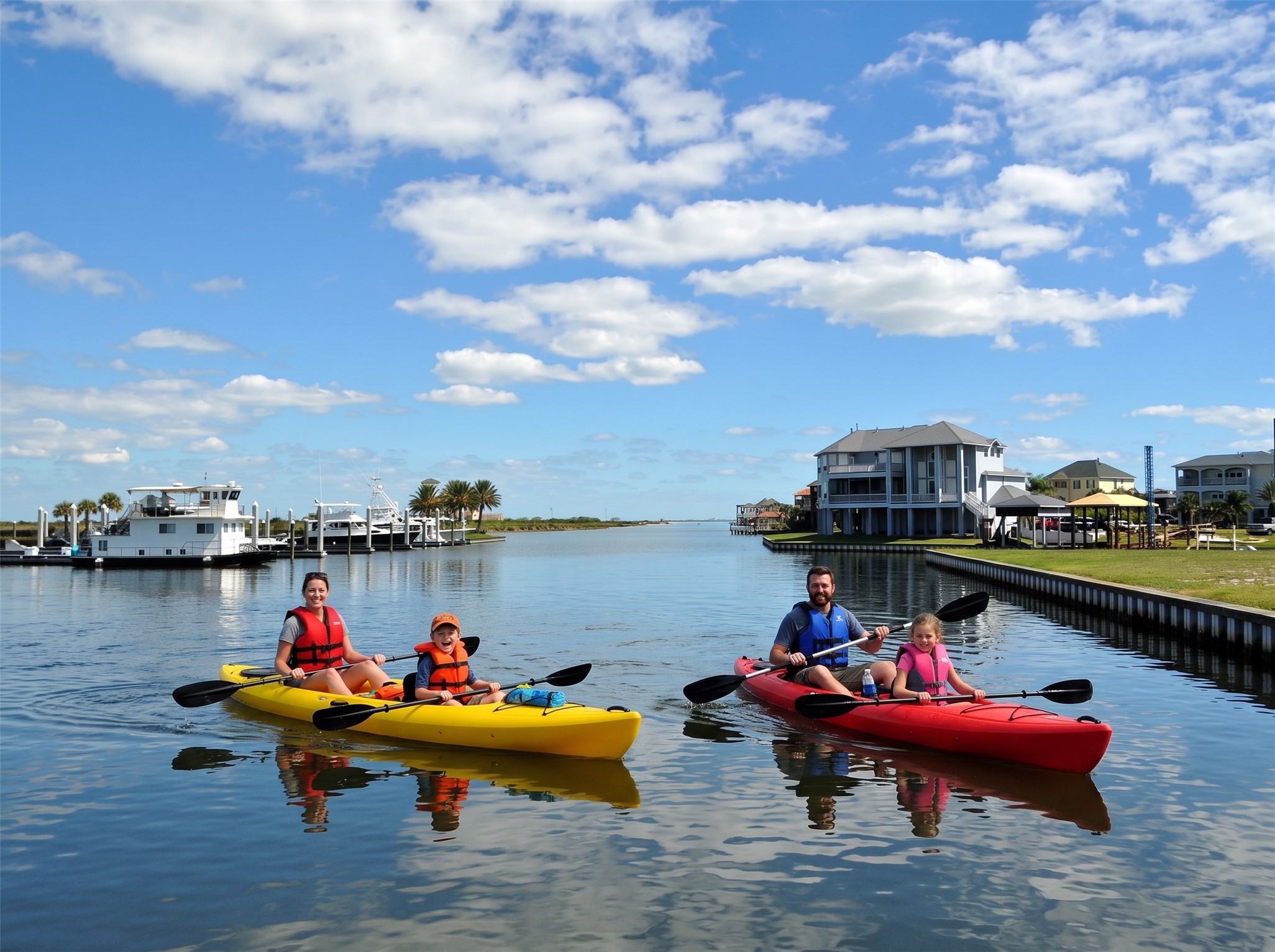 This protected environment offers 4+ miles of scenic paddling along the private residential canals, the Harborwalk South Channel, and out into the protected salt marshes and open waters of West Galveston Bay.