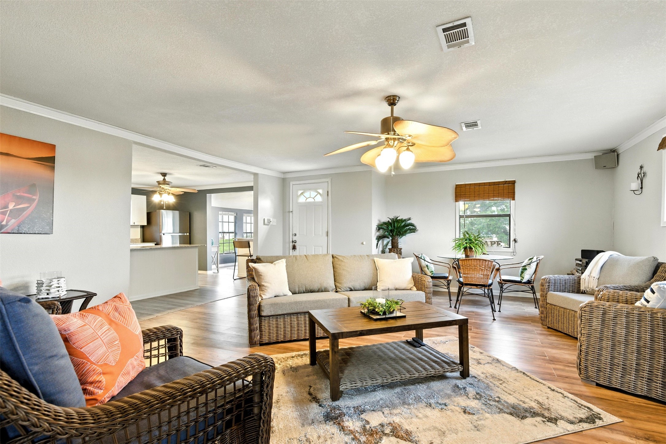 another view of family room leading into the kitchen