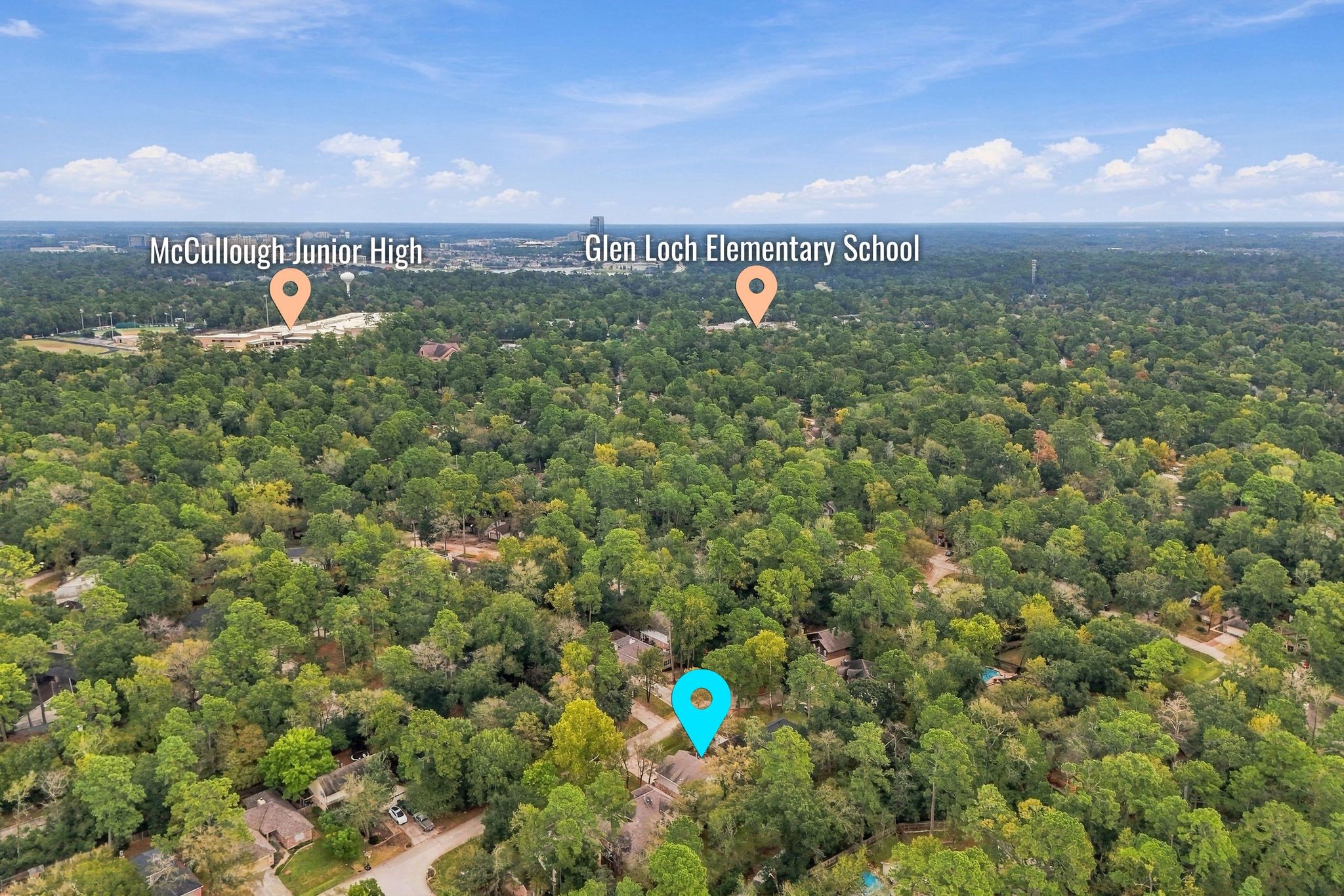 Wide aerial view showcasing the home's location within a beautiful, tree-filled residential community.