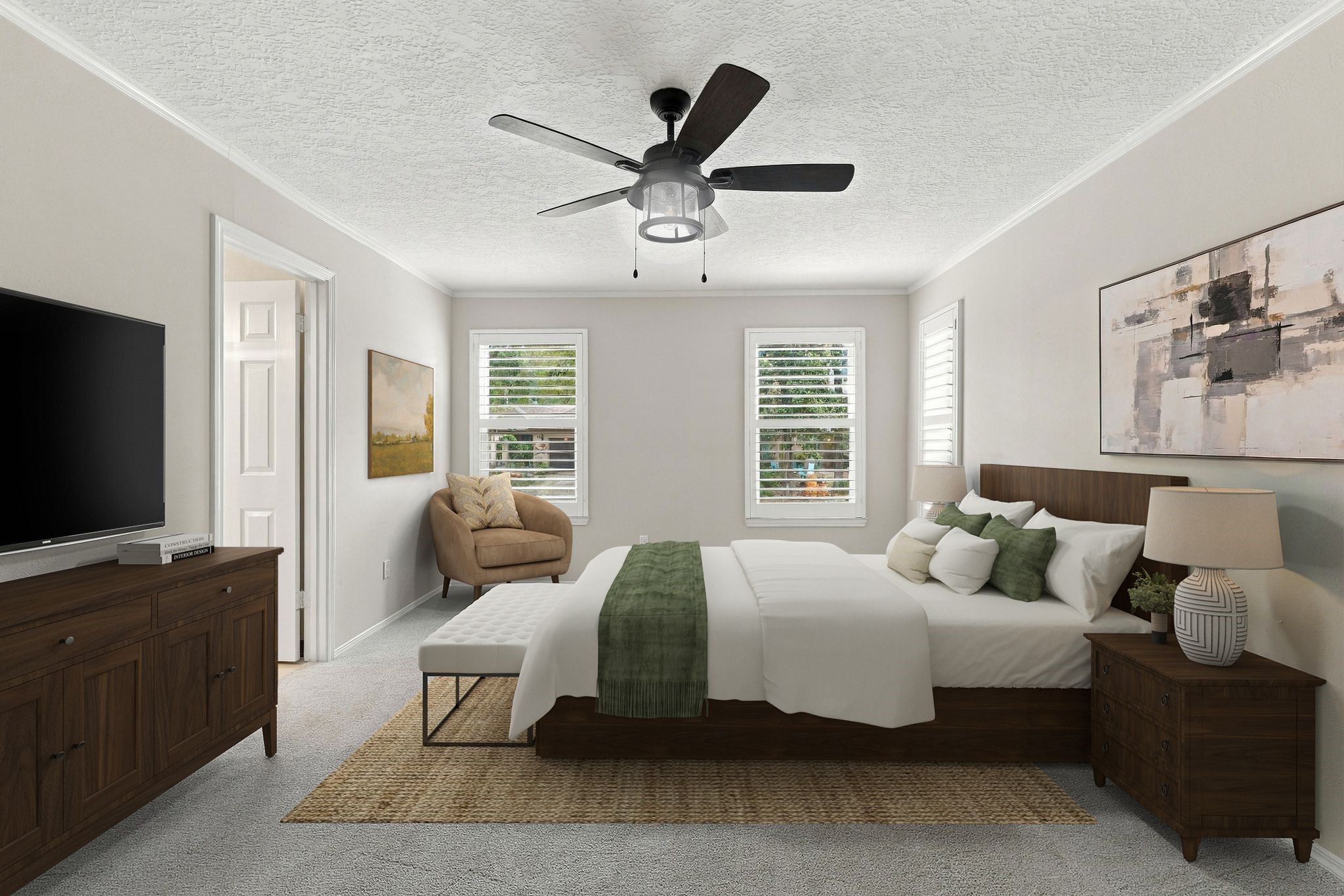 Another angle of the primary bedroom, highlighting its generous space and natural light. Notice the Plantation Shutters - so elegant! Virtually staged