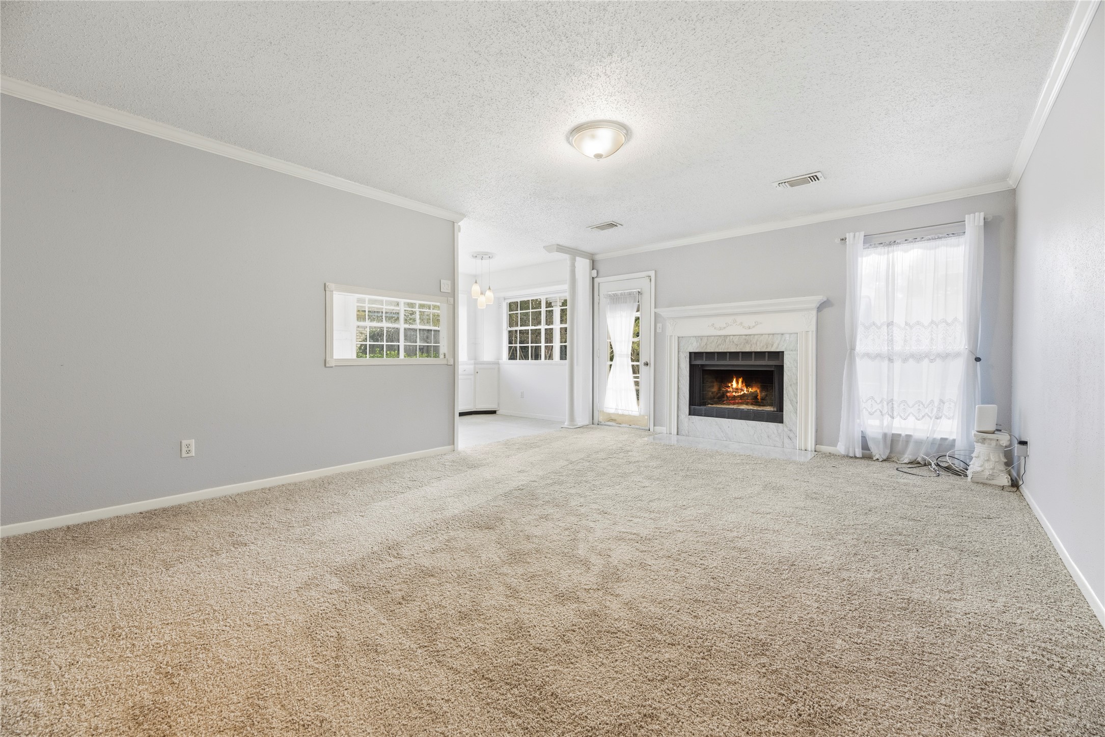 Spacious living room with fresh paint, brand new carpet, fireplace and large windows for natural light.