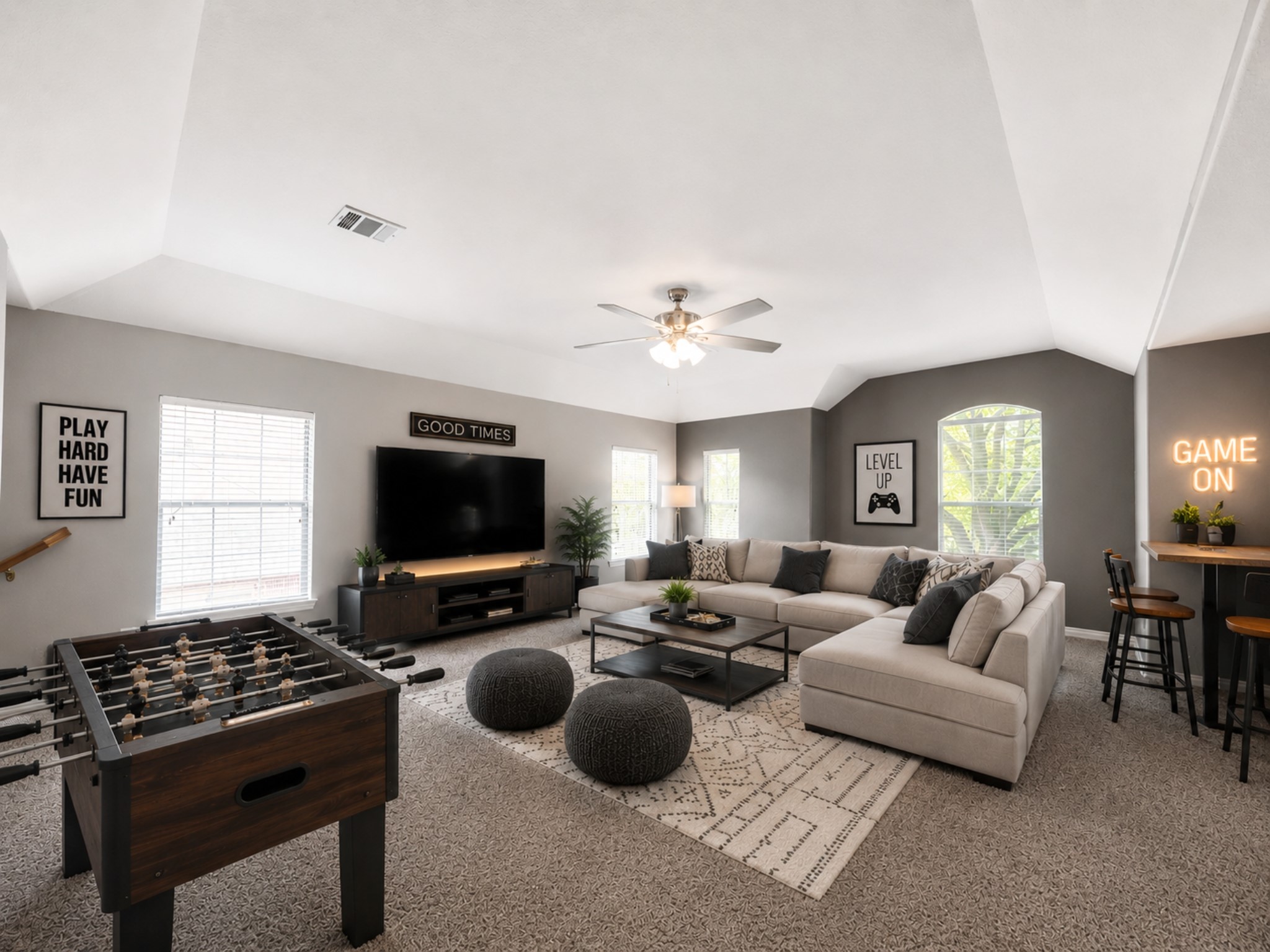 Virtually staged game room:Upstairs, discover an expansive game room with endless possibilities for movie nights, game days, and gathering with family and friends.