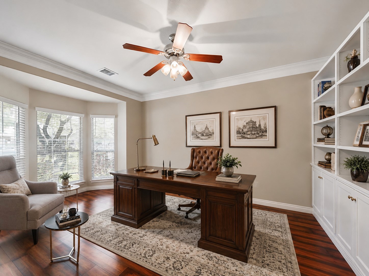 Virtually staged: Privately positioned at the front of the home, the study offers a sophisticated space for working remotely, pursuing hobbies, or enjoying a quiet retreat.