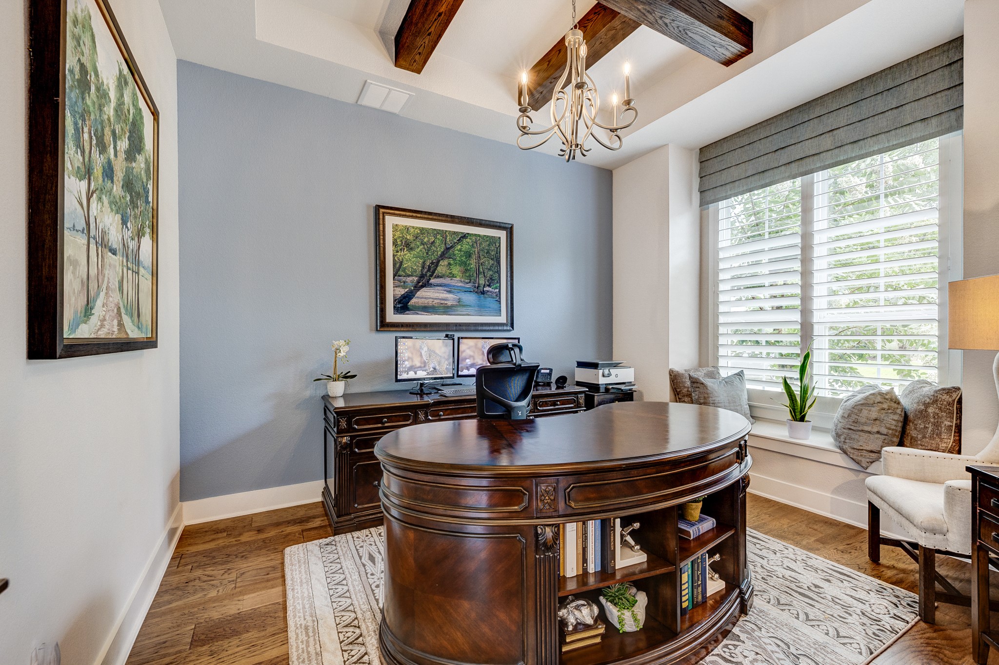 Gorgeous wood beams to draw ones eyes upward in the study with a plethora of natural light Gorgeous wood beams to draw ones eyes upward in the study with a plethora of natural light