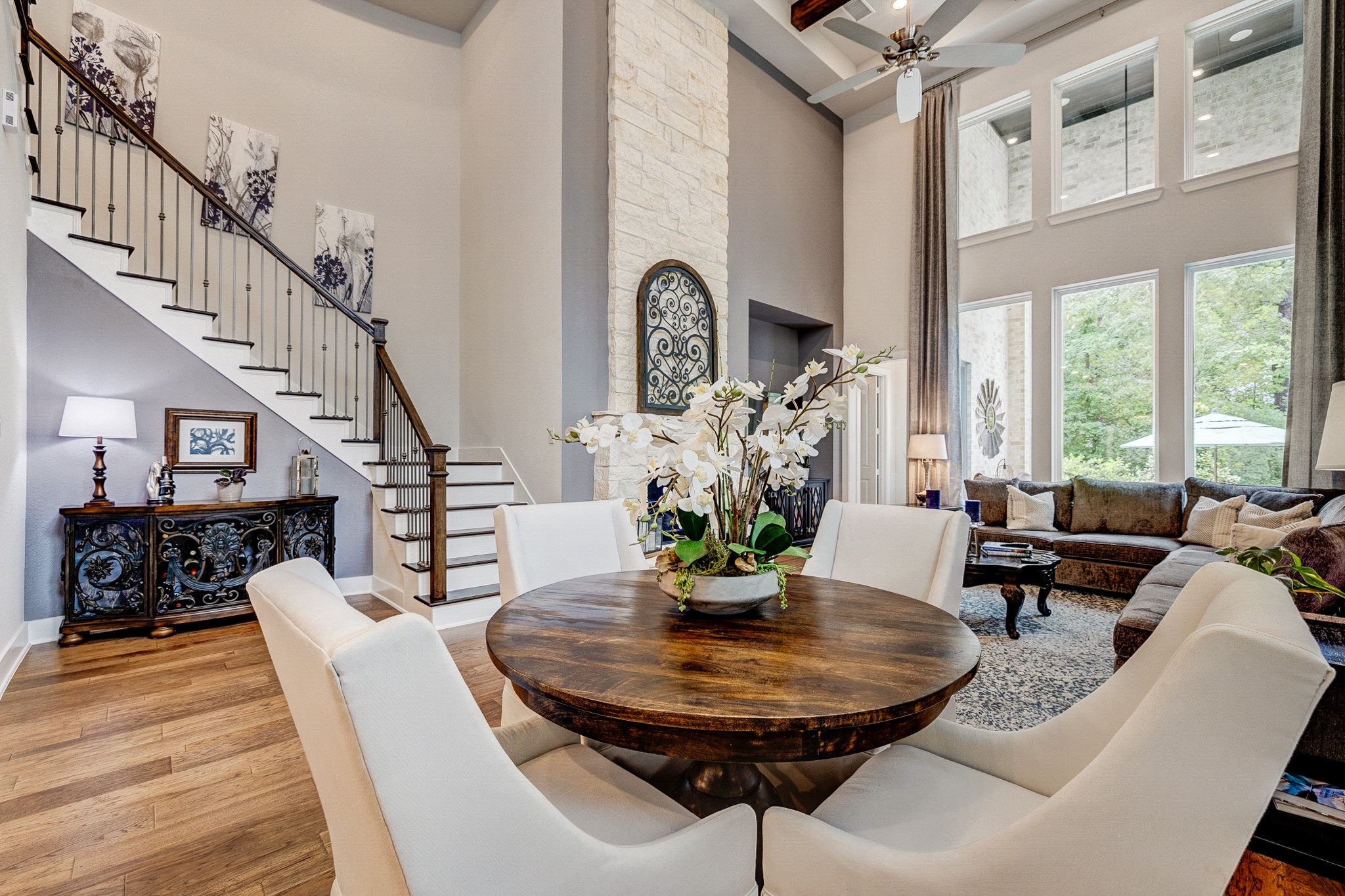 Stone mantel and seating breakfast area