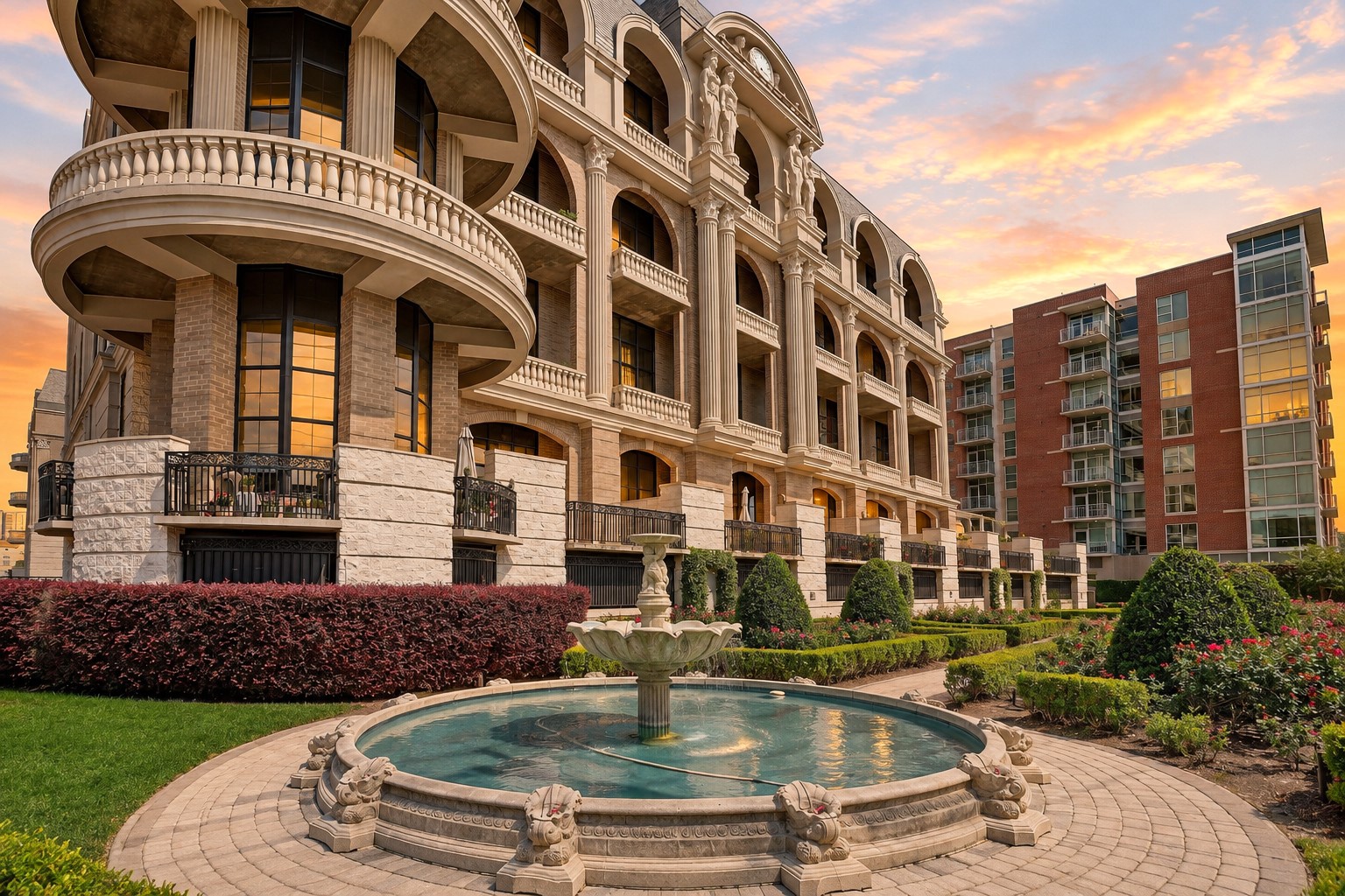 Named in honor of French Impressionist painter Pierre-Auguste Renoir, the building embraces European elegance through its formal courtyard, decorative fountain, and beautifully landscaped grounds. The intimate garden setting adds to the charm and character of this distinctive Houston condominium community.