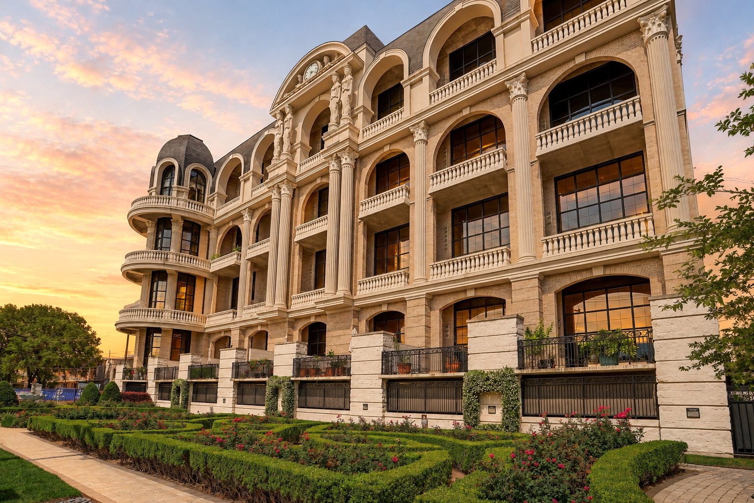 Developed by Randall Davis around 2000, The Renoir draws inspiration from classical French architecture and the elegance of European residential buildings. Its grand arches, intricate stonework, and sculptural details create a distinctive architectural presence along South Shepherd Drive.