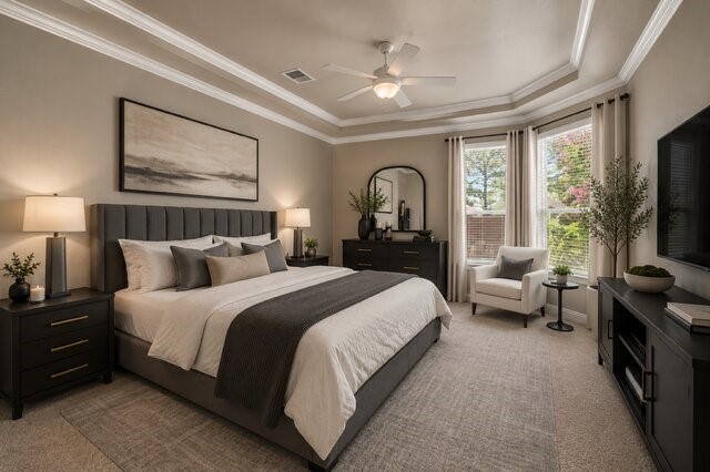 This is upscale spacious primary oasis with lots of windows, tray ceiling is fit for a king and queen will accomoate large furniture virtually staged.