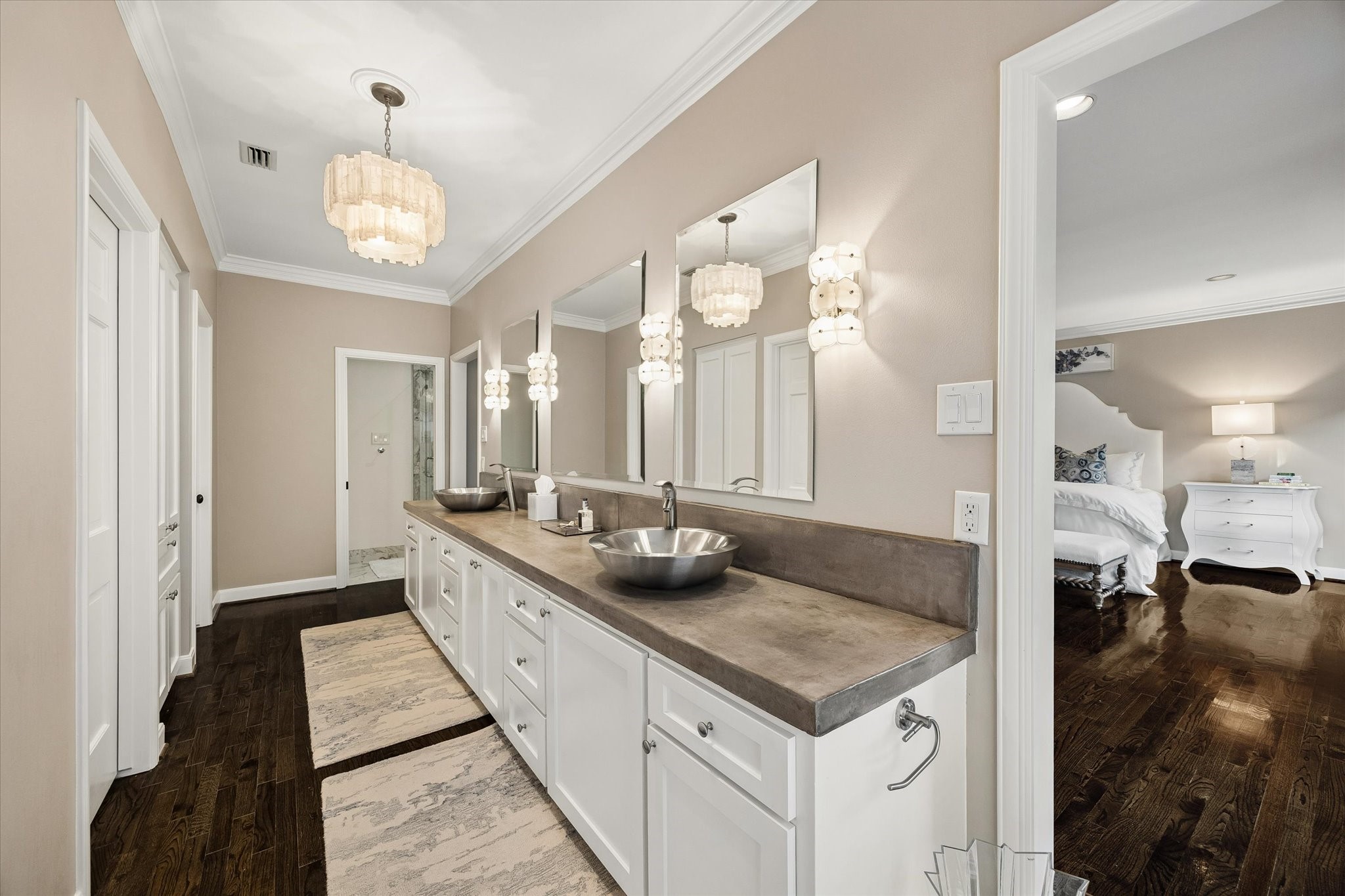 The Master Bath features custom lighting plus dual sinks on a loooooong vanity.  The Master Bath also has dual closets and fantastic storage.