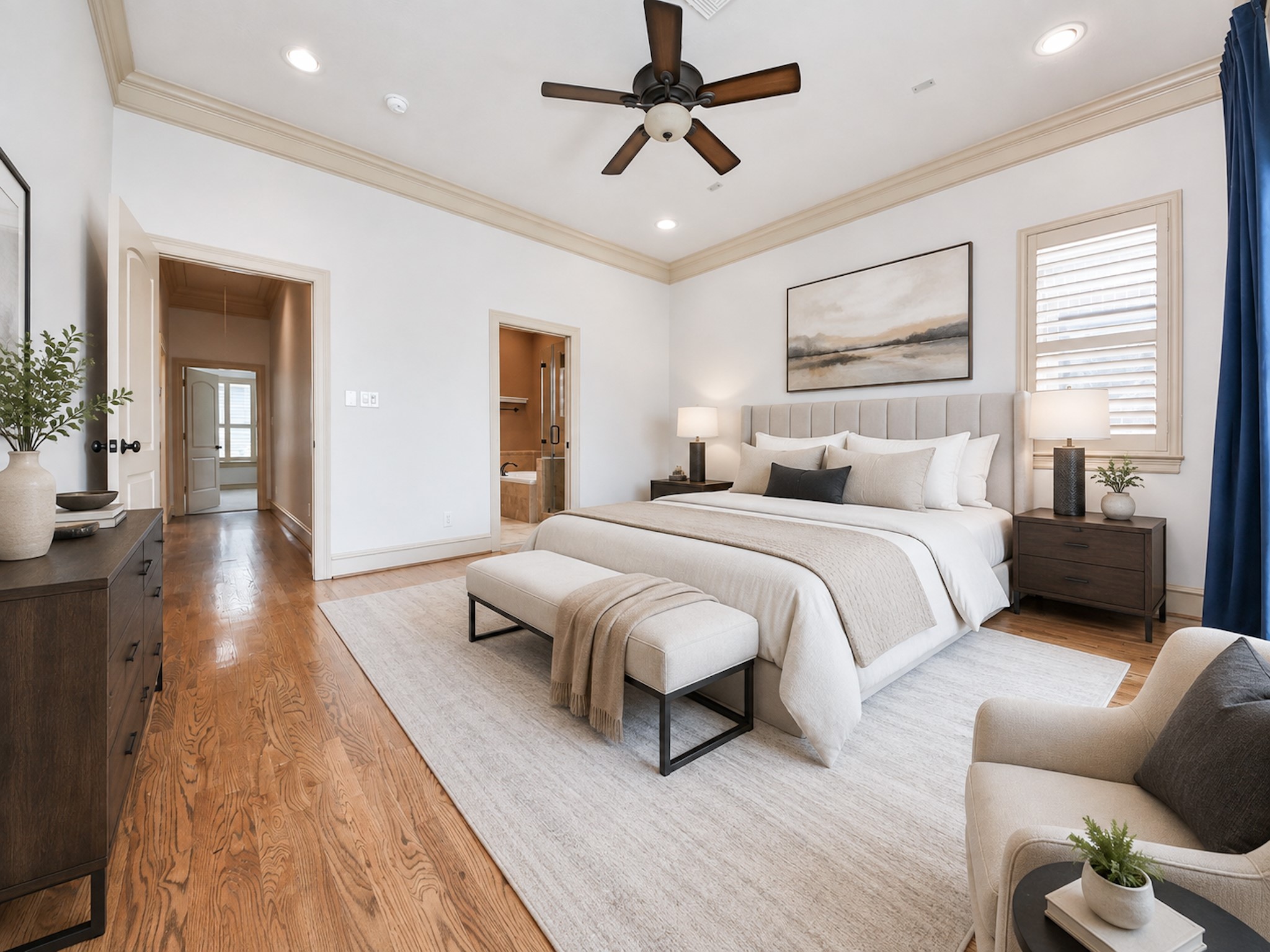 Primary bedroom virtually staged to reflect how creative you can be in your private oasis.