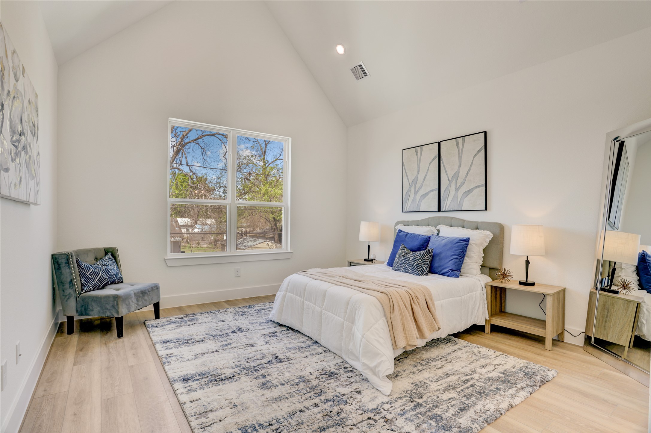 The 13x14 primary bedroom has a cathedral ceiling. The 13x14 primary bedroom has a cathedral ceiling.
