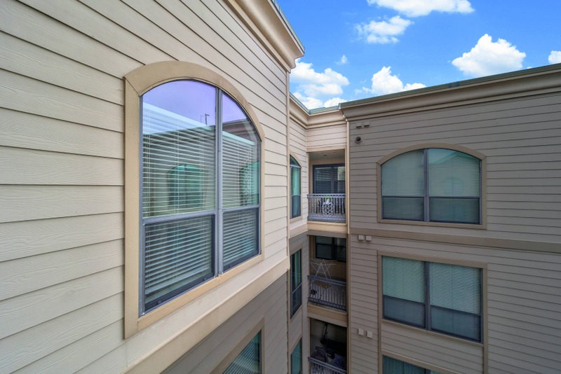 The view of exterior of unit 406 and its' balcony.