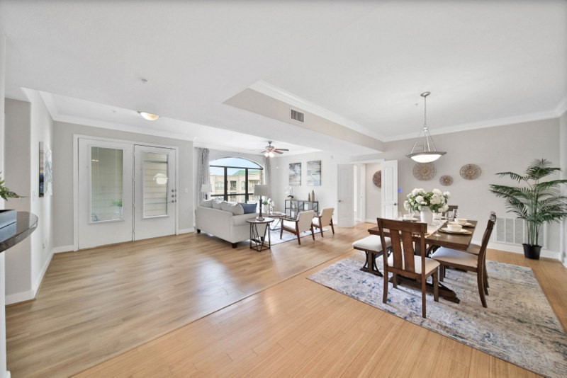 The view from front entry to dining and living.