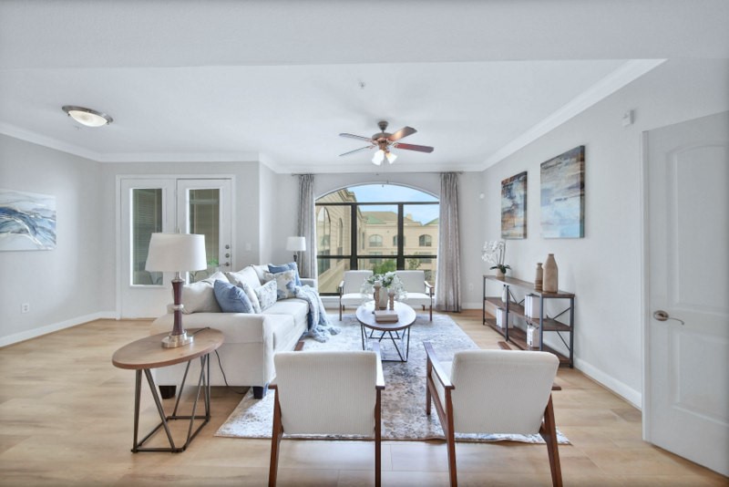 The view of living W/Elongated windows to invite abundance of nature lights to shine through.