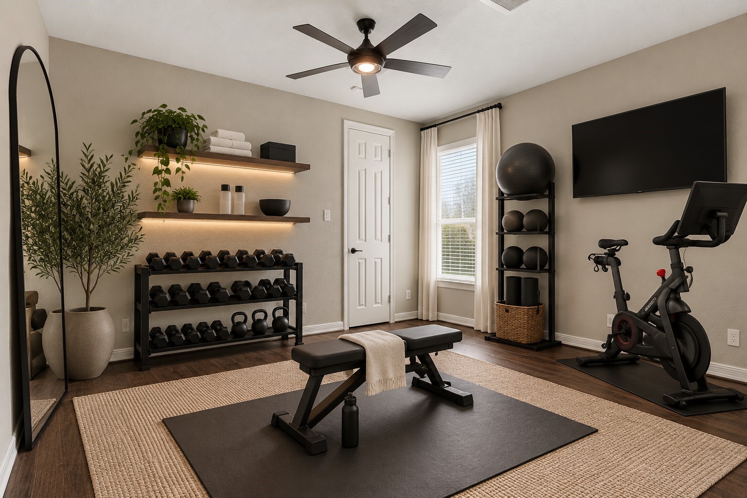 Secondary bedroom virtually staged as a home gym space