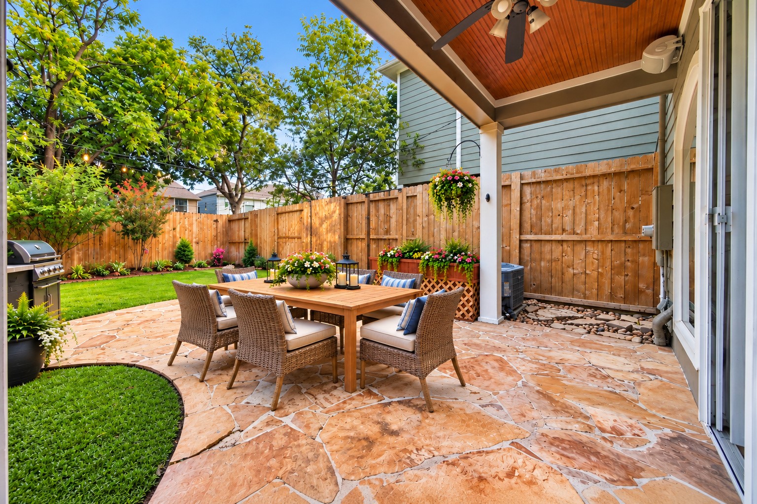 Welcome to the Generously sized Backyard at 821 W 17th St B in the Houston Heights!  It offers a private outdoor retreat with plenty of room for dining, entertaining, gardening and relaxing in your backyard retreat.  The gathering atmosphere was rendered digitally.