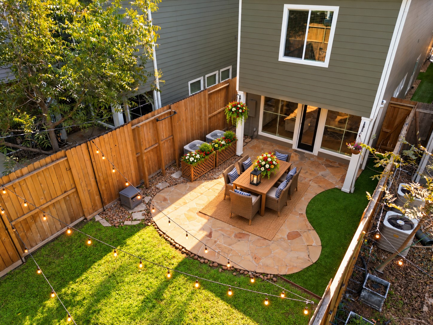 This is an aerial view of the home's uncommonly large private back yard