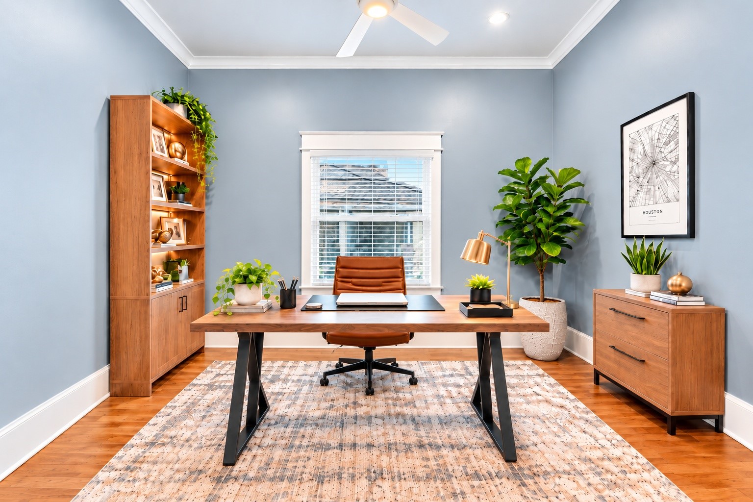 Now, back at the top of the stairs, do you remember those double glass doors?  Behind them lay this perfectly proportioned, private office space with digitally imagined office furniture.