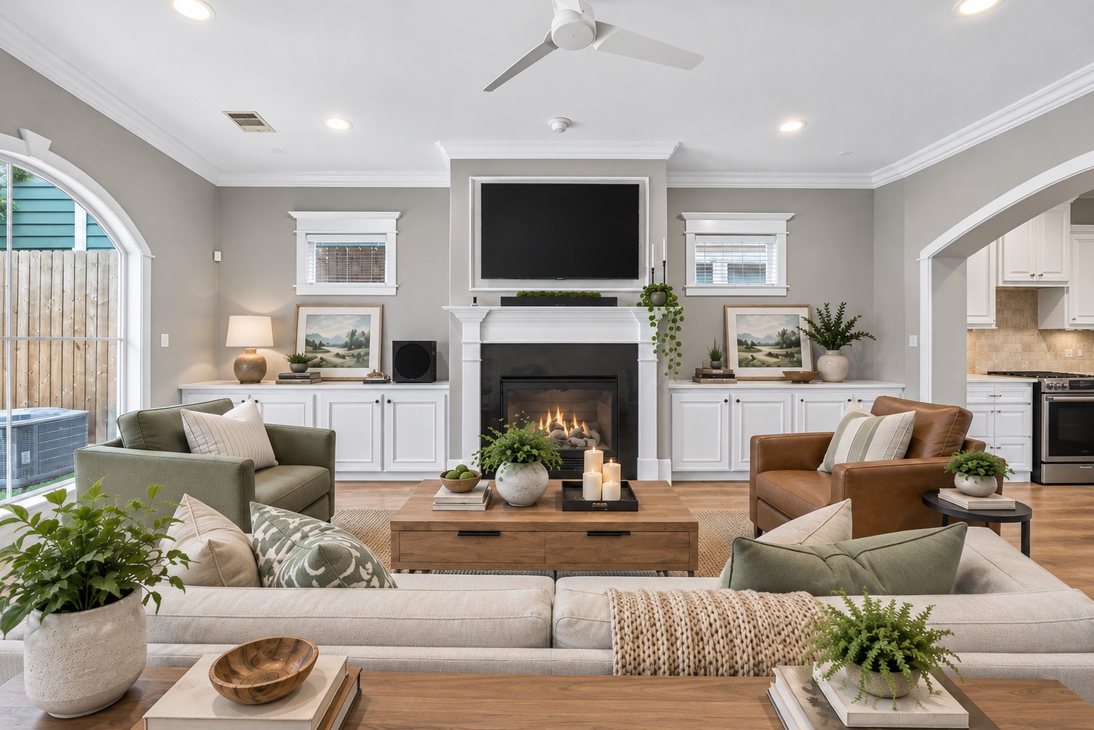 Spacious family room centers around a handsome fireplace with custom built-ins and an easy, comfortable layout for gathering and entertaining.  Also presented with that different style of decor digitally rendered