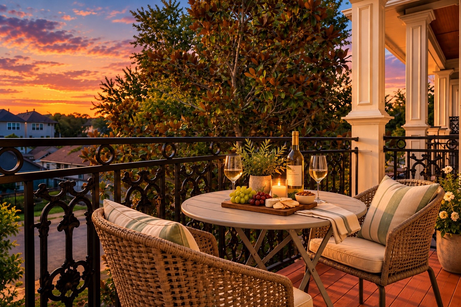 Ahh, you will enjoy many sunset evenings on this balcony, or your back patio!  You'll see that one very soon.  Digitally staged