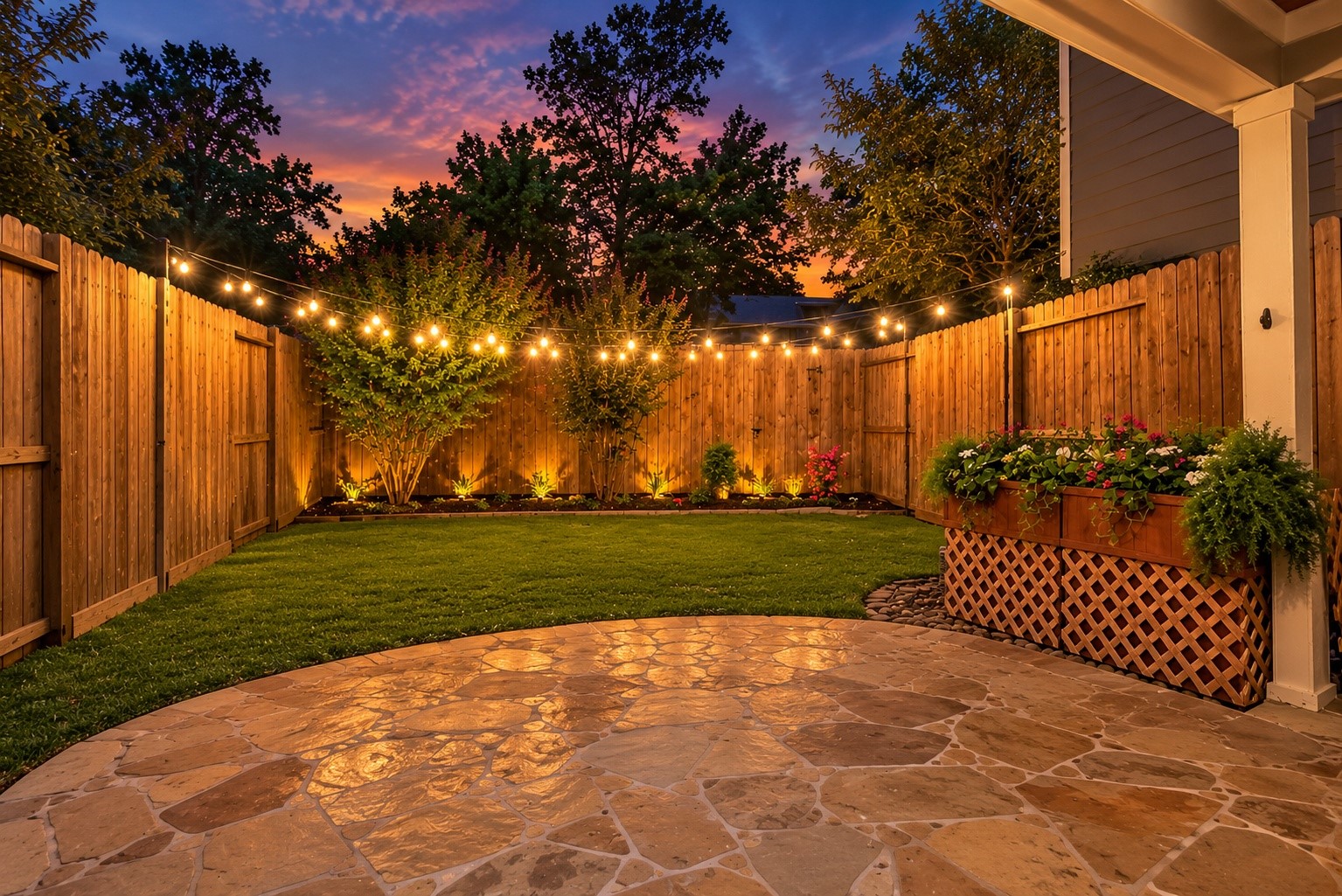 The Back porch is a calming escape, especially at dusk with a faint glow of sunset lingering in the night sky.