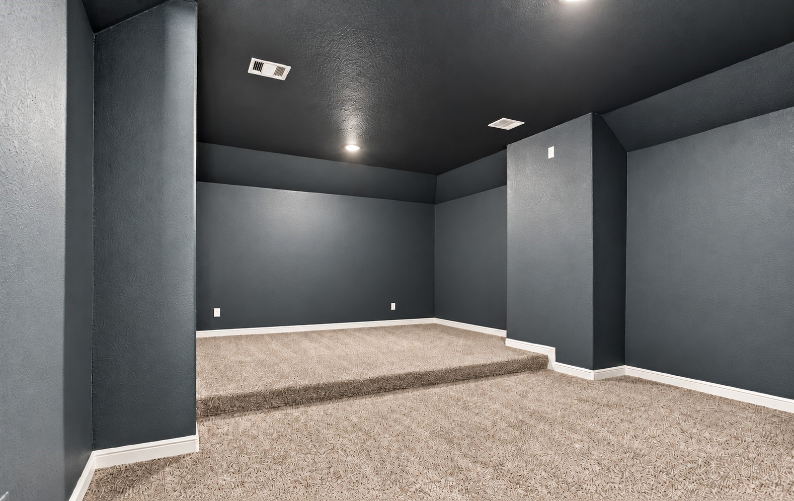 Dedicated media room with tiered risers for two rows of seating, perfect for movie nights and game days!