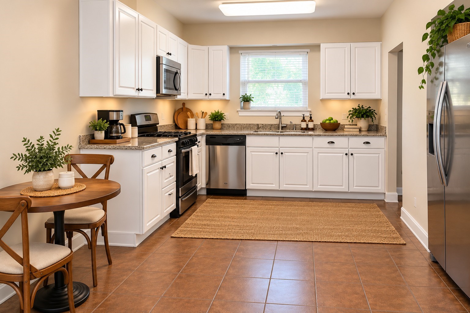 Updated kitchen with breakfast area, granite counter tops, and stainless steel appliances. AI staged Updated kitchen with breakfast area, granite counter tops, and stainless steel appliances. AI staged