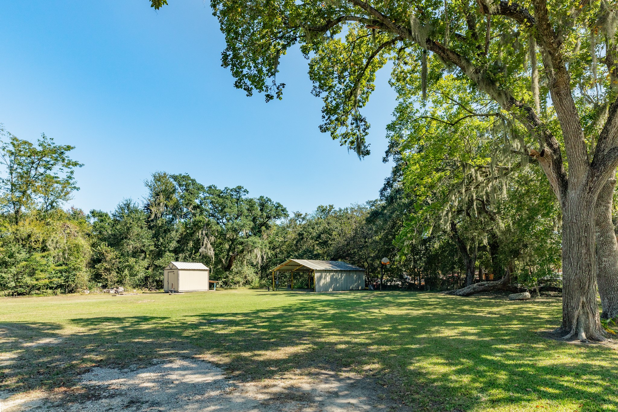 Spacious grassy yard framed by beautiful mature trees draped in Spanish moss. A freestanding storage shed and covered metal structure add versatility to the outdoor space.