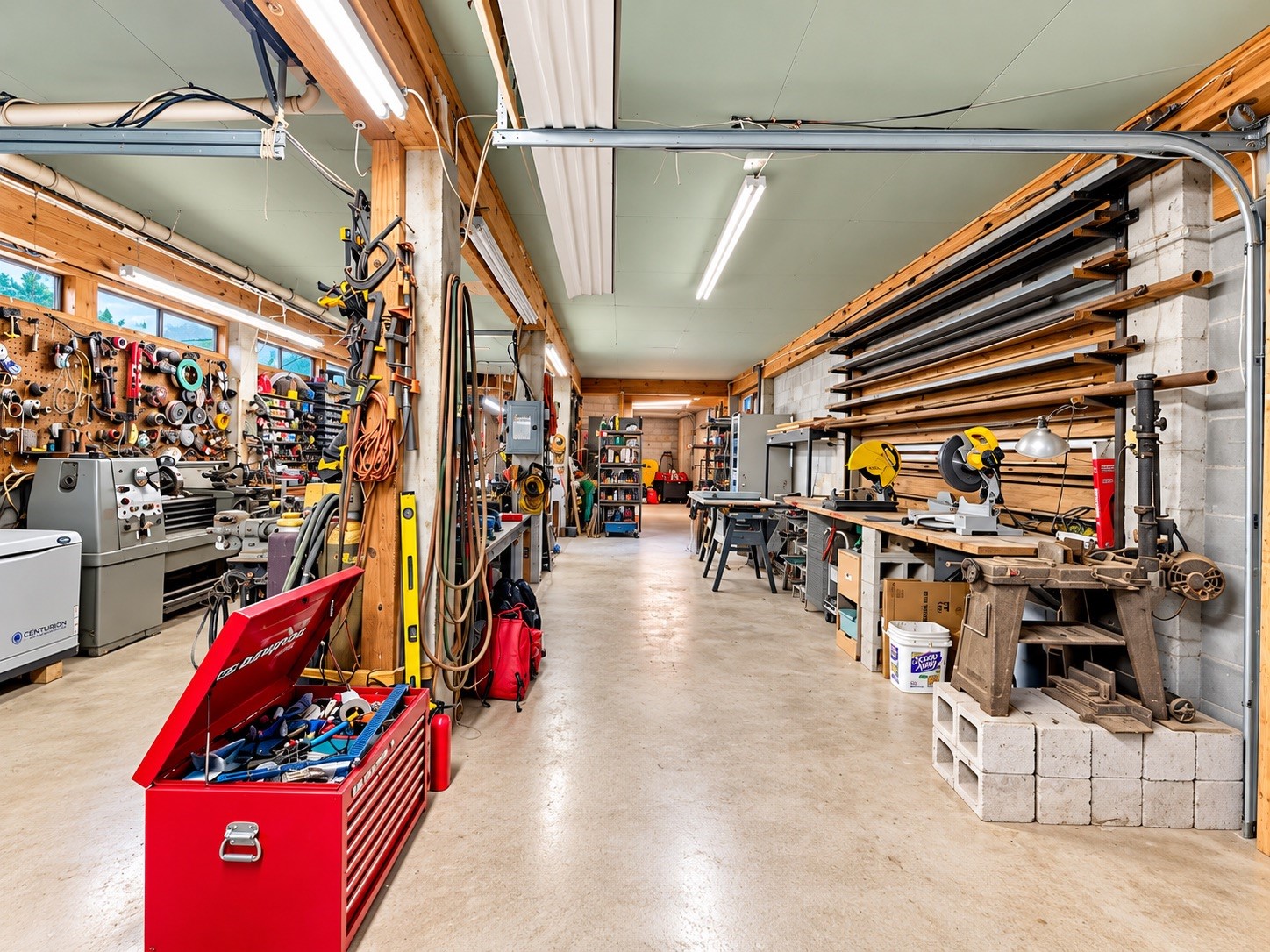 Expansive workshop with ample storage, equipped with a variety of tools and machinery, perfect for woodworking or DIY projects.