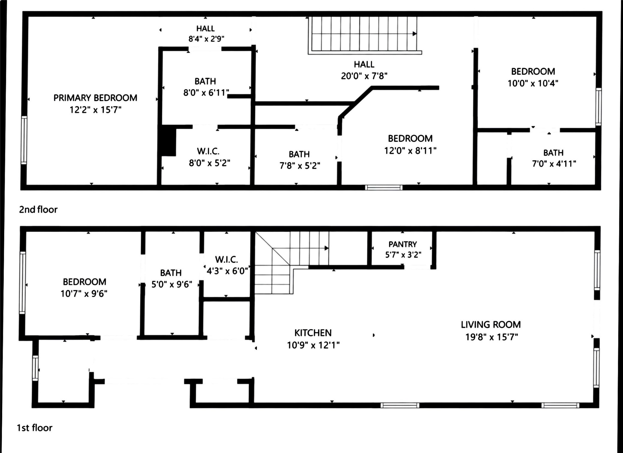 Floor plan for the first and second floors. The layout is convenient and each room has a private bathroom for privacy.