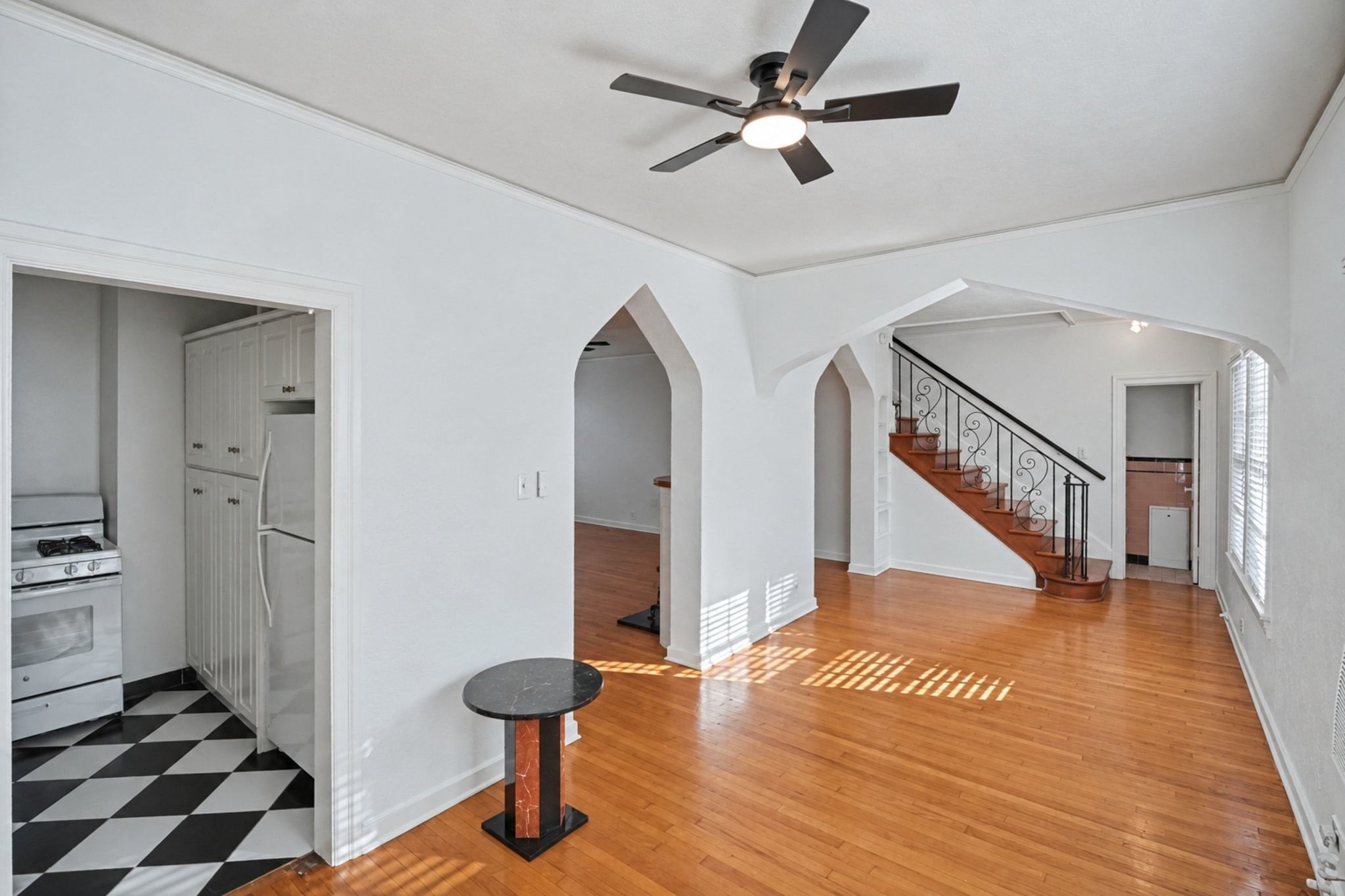 The back of the unit has a large area that can be used as a second living space with a complete dining room.