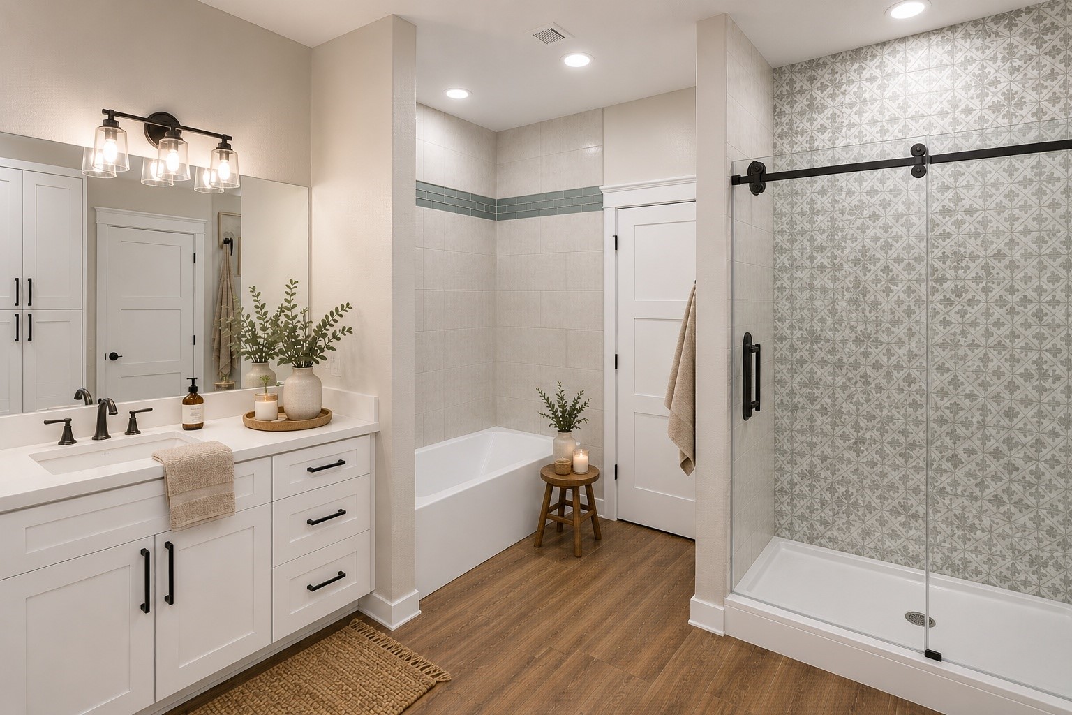 This modern bathroom features a sleek design with a spacious glass-enclosed shower, patterned tile, a separate bathtub, and elegant white cabinetry with black fixtures. AI decorated photo.