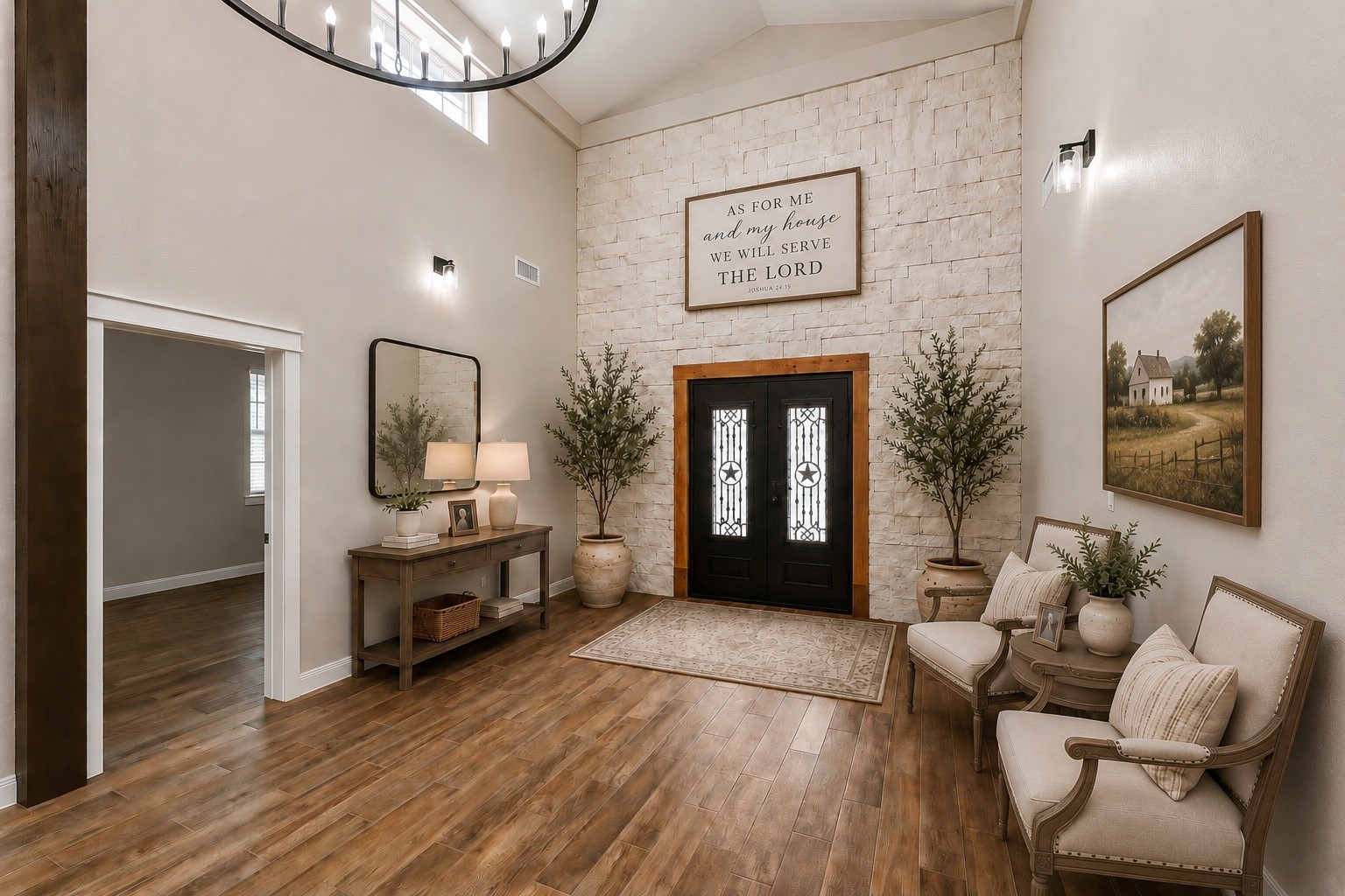 This room features high ceilings and a statement stone accent wall with elegant metal rod iron double doors. The tile floors and large chandelier add warmth and sophistication, while ample natural light enhances the spaciousness. AI decorate photo.